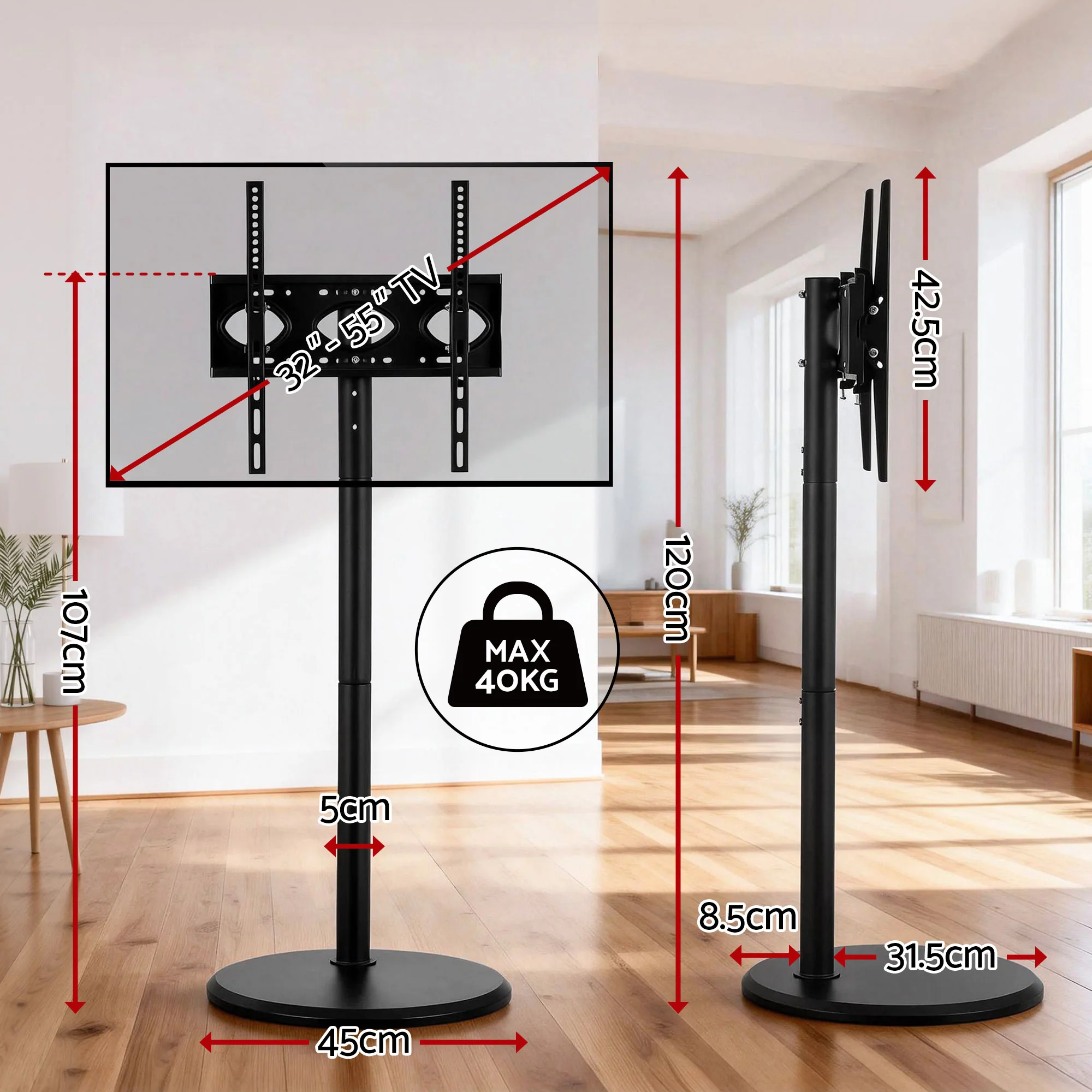 Artiss 32-55 Inch Mobile TV Stand with Wheels Height & Tilt Adjustable Floor Mount - Image 3