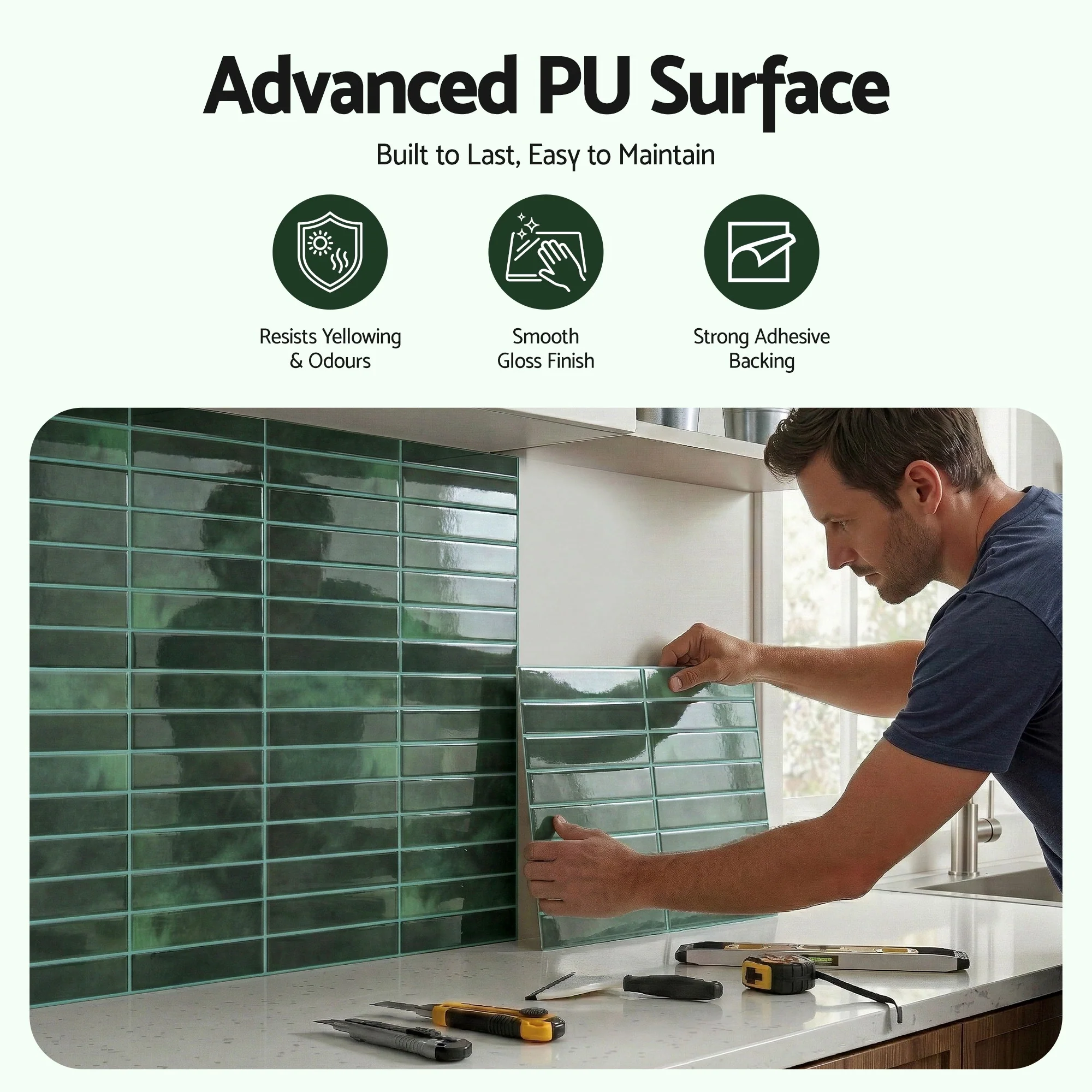 Artiss 3D Peel and Stick Wall Tiles Self Adhesive LinearGrid Backsplash 10 Sheets, Green - Image 5