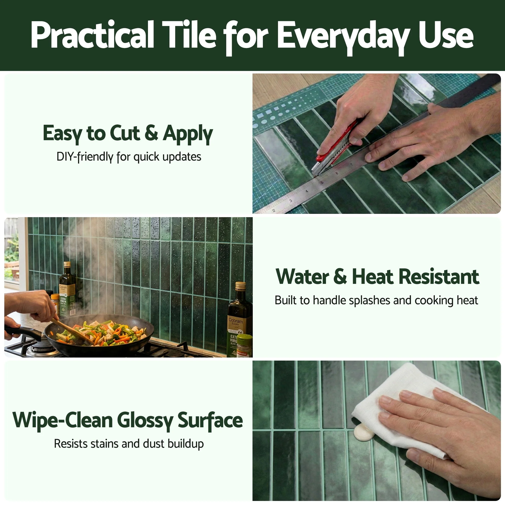 Artiss 3D Peel and Stick Wall Tiles Self Adhesive LinearGrid Backsplash 10 Sheets, Green - Image 7