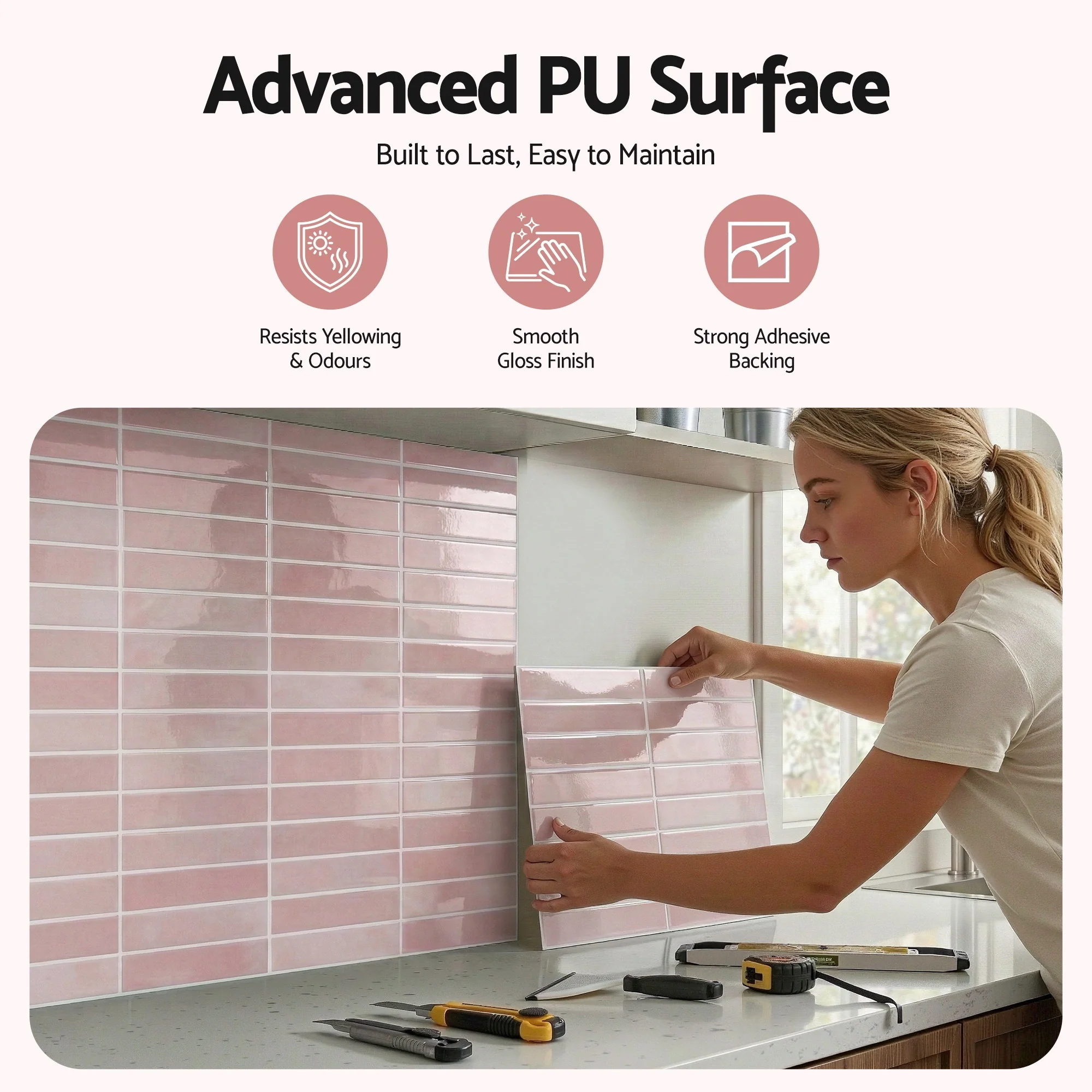 Artiss 3D Peel and Stick Wall Tiles Self Adhesive LinearGrid Backsplash 10 Sheets, Pink - Image 5