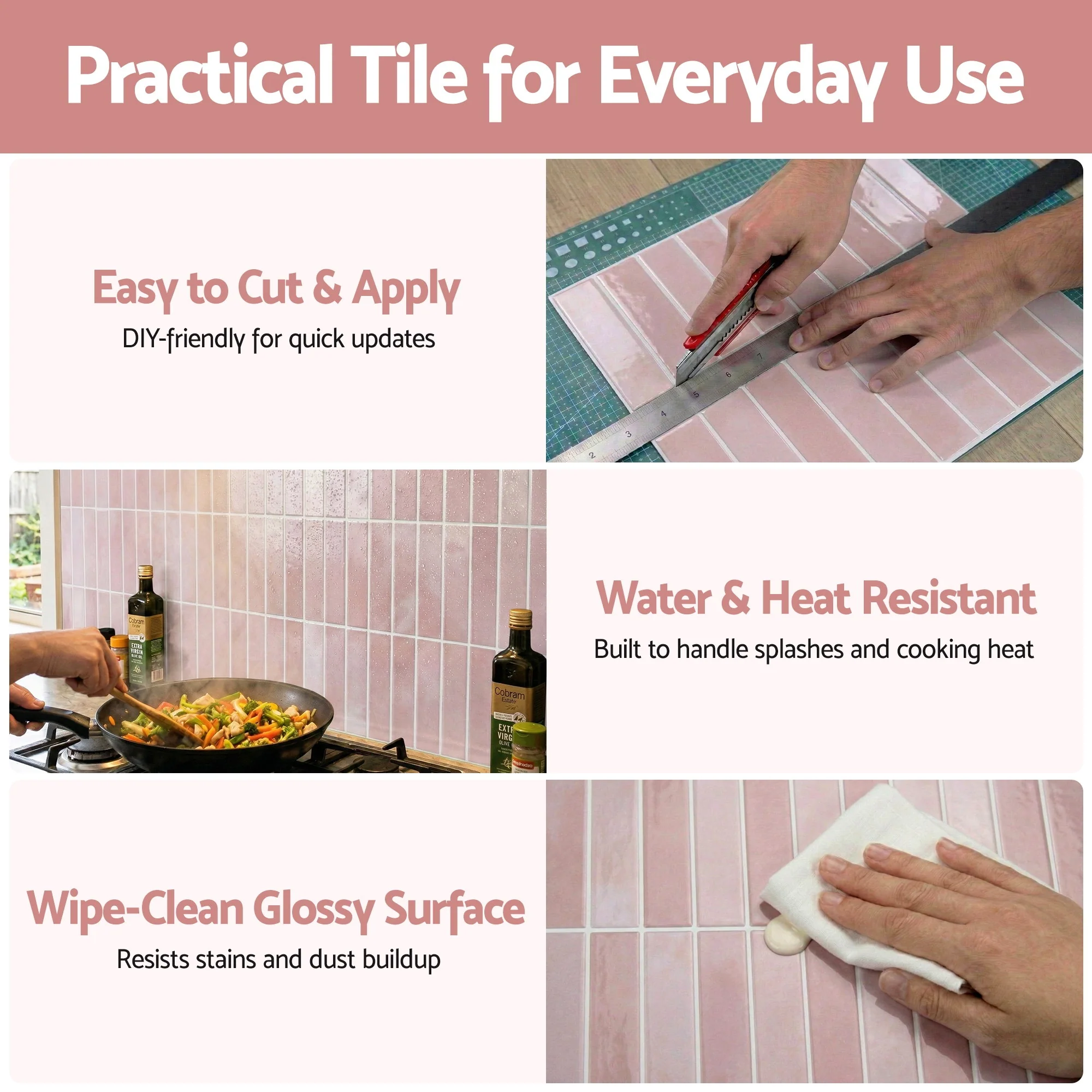 Artiss 3D Peel and Stick Wall Tiles Self Adhesive LinearGrid Backsplash 10 Sheets, Pink - Image 7
