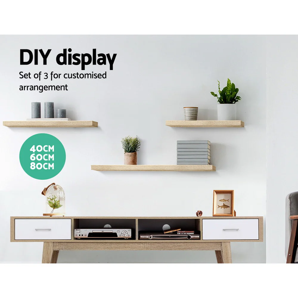 Artiss Floating Wall Shelf Set of 3 Oak - Image 3