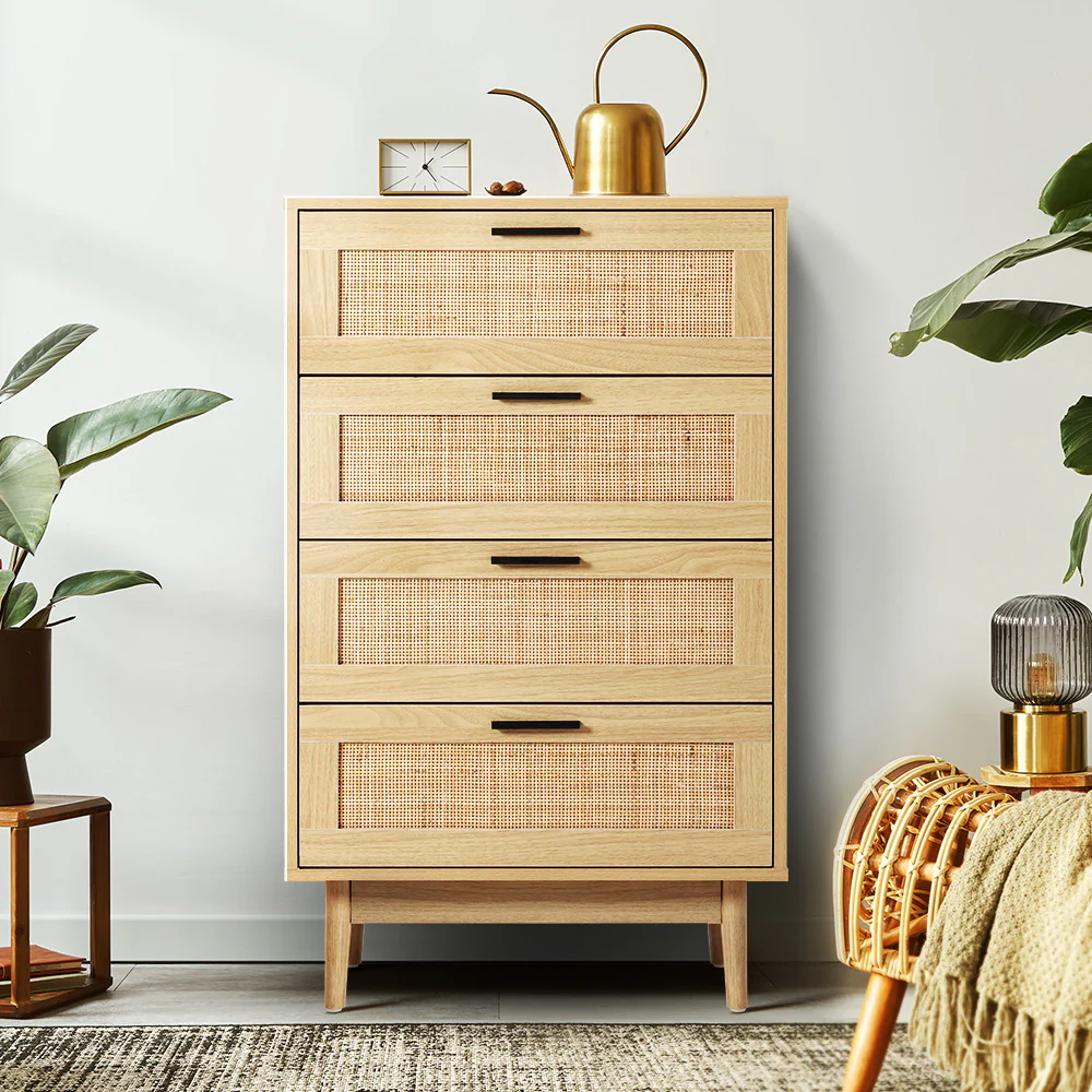 Artiss 4 Chest of Drawers Rattan Tallboy Pine - BRIONY - Image 3