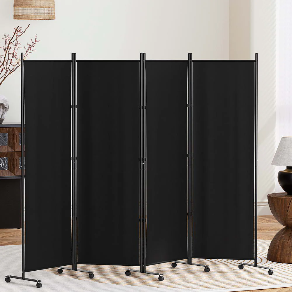 Artiss 4 Panel Room Divider Screen 217cm Wheel Fabric Black - Image 2