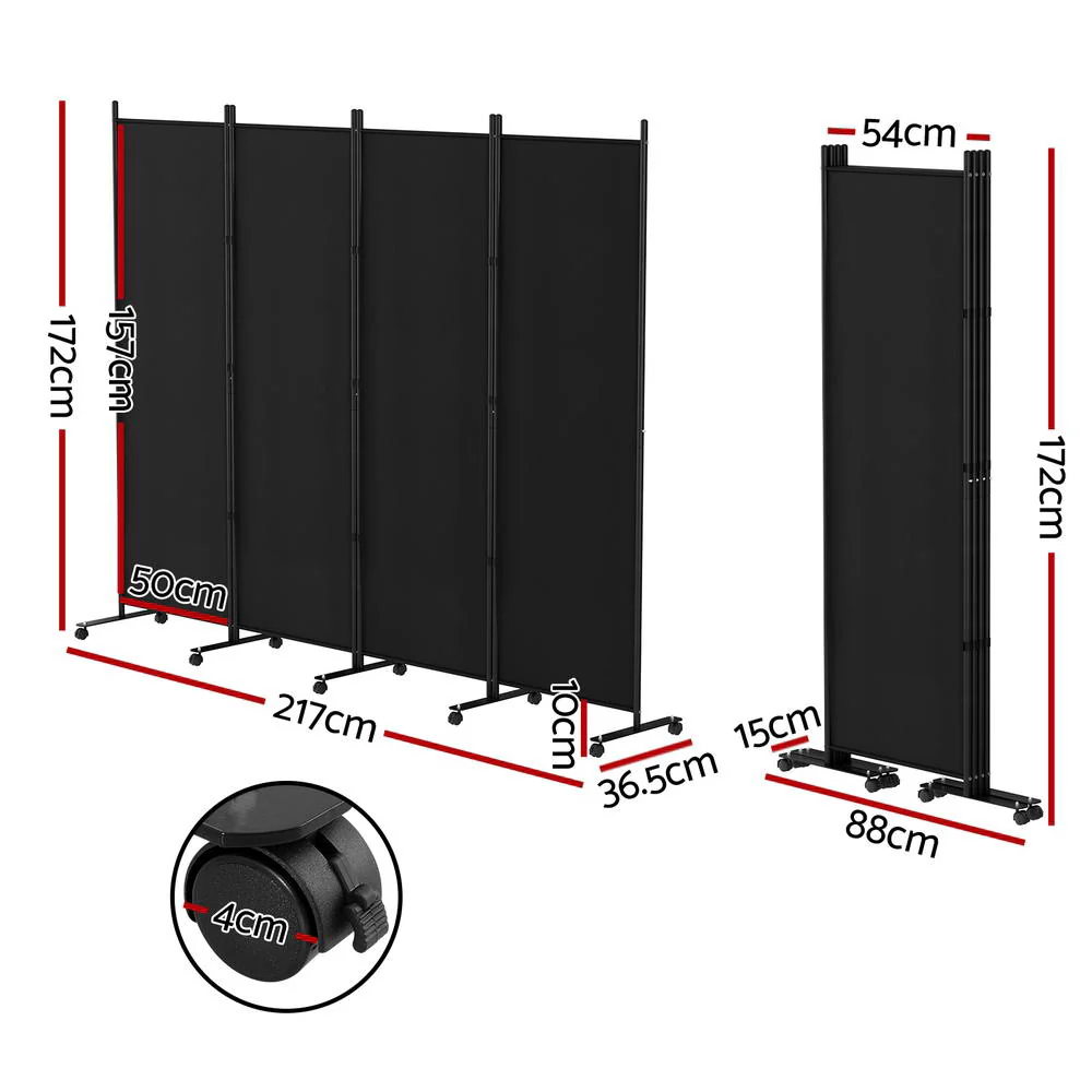 Artiss 4 Panel Room Divider Screen 217cm Wheel Fabric Black - Image 3