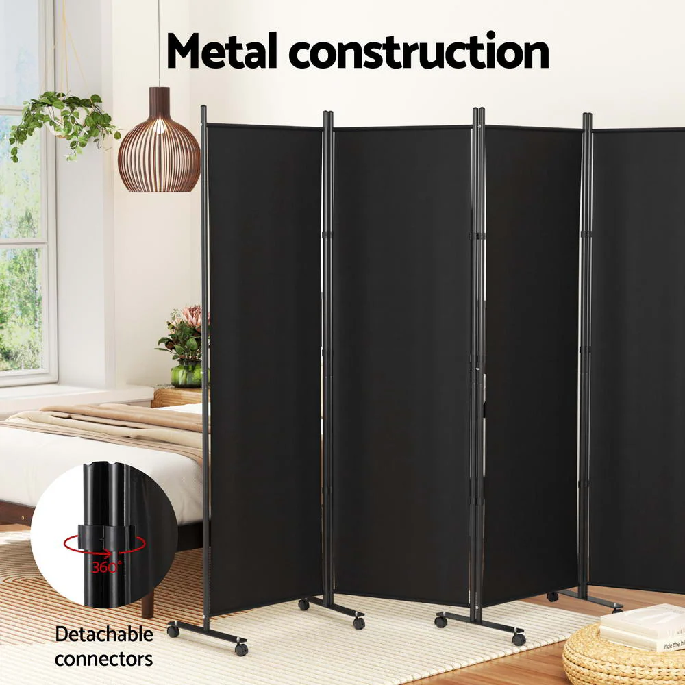 Artiss 4 Panel Room Divider Screen 217cm Wheel Fabric Black - Image 5