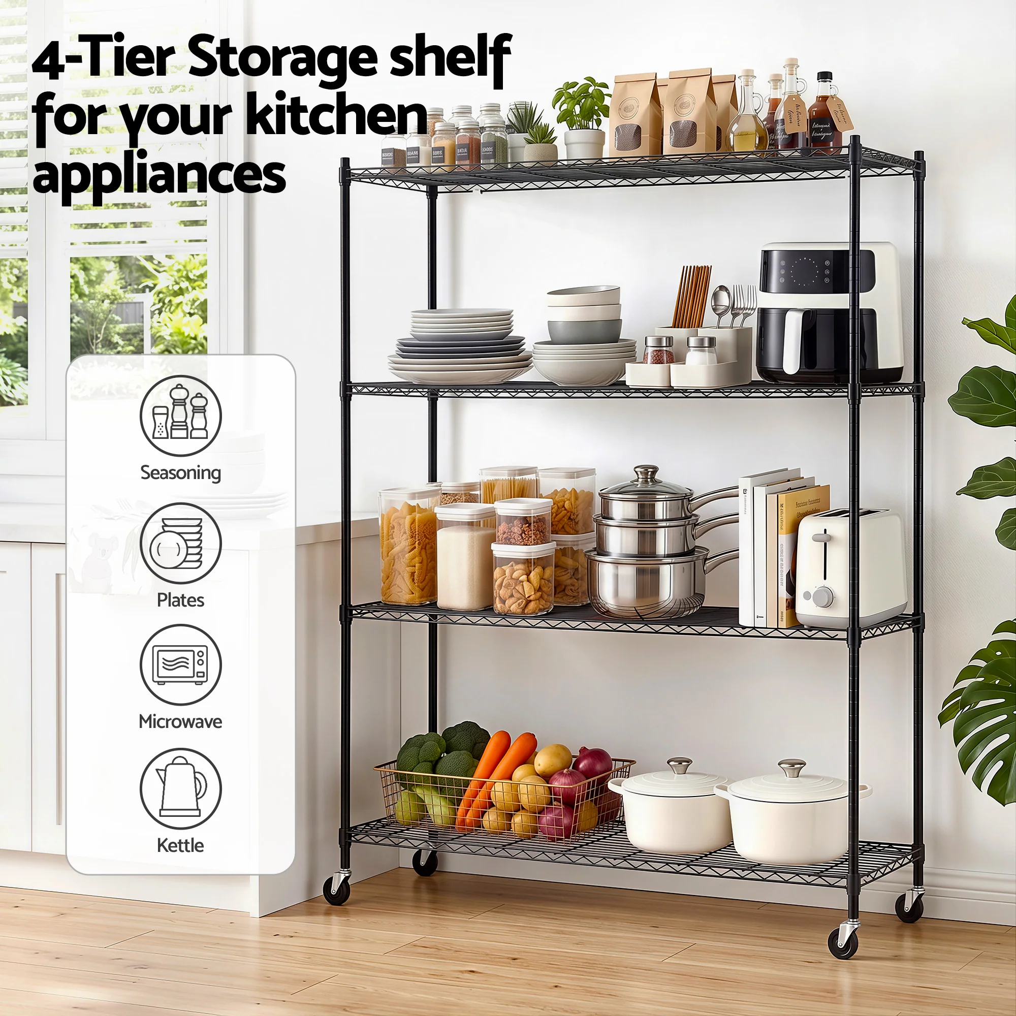 Artiss 4-Tier Kitchen Rack Shelf with Wheels Shelving 152x45x187CM Adjustable Metal Storage Shelves - Image 5