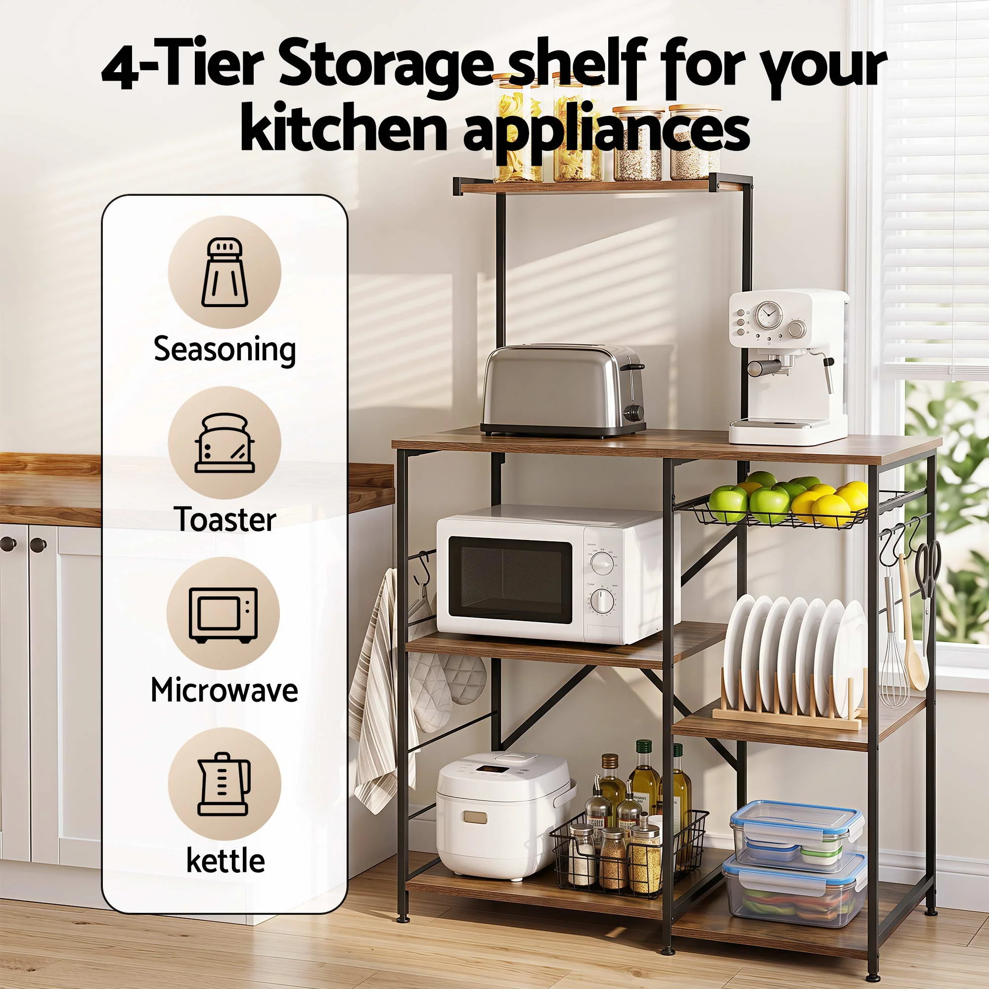 Artiss 4-Tier Kitchen Rack with Pull Out Basket 6 Hooks Microwave Storage Shelf - Image 5