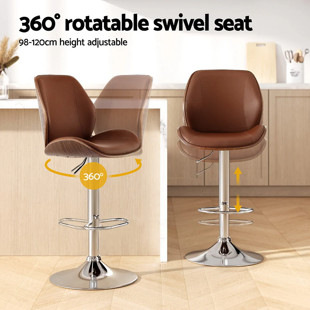 Artiss 4X Bar Stools Bentwood Adjustable Kitchen Counter Chair Leather Brown - Image 4