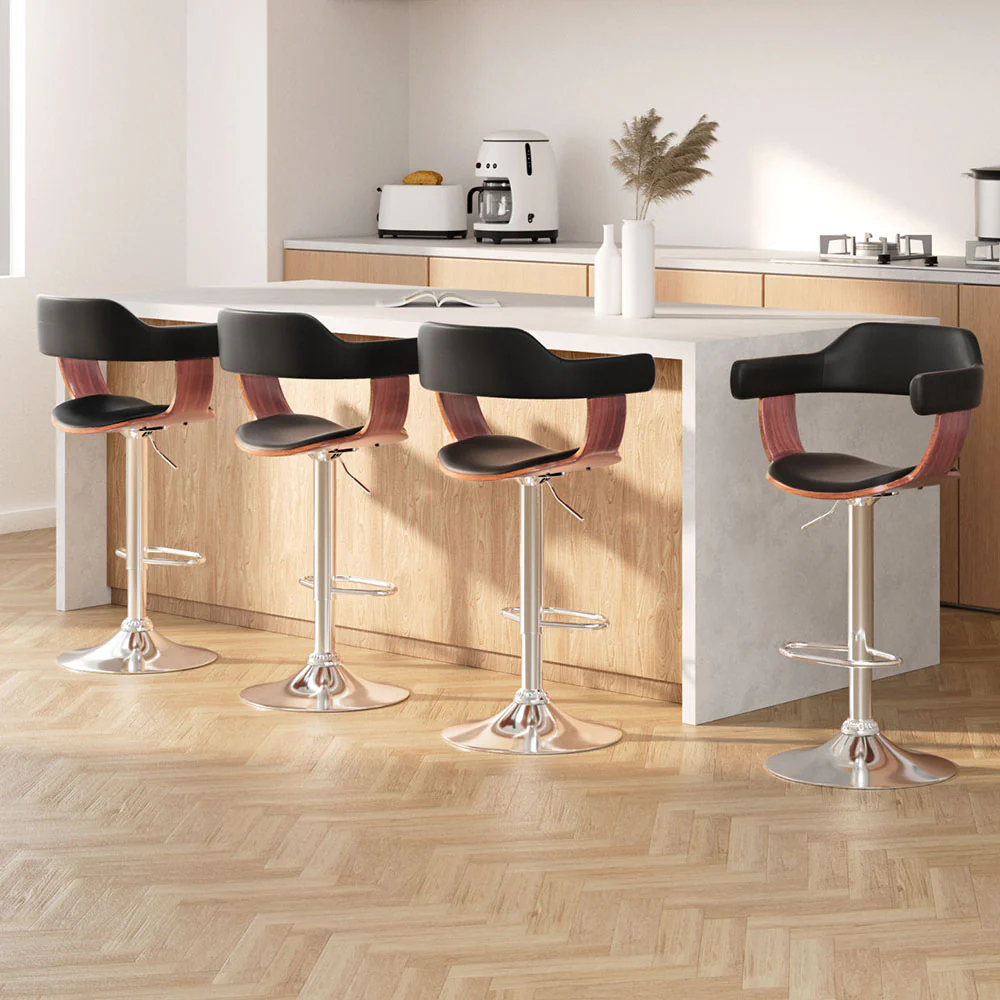 Artiss 4x Bar Stools Gas Lift Leather w/Armrest Black - Image 7