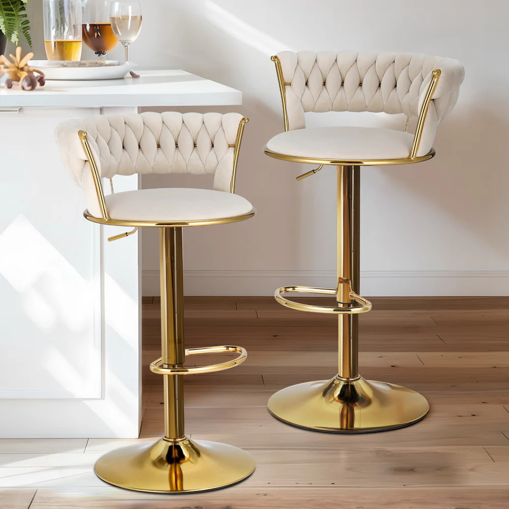 Artiss 4x Bar Stools Gas Lift Velvet Woven Backrest Ivory - Image 2