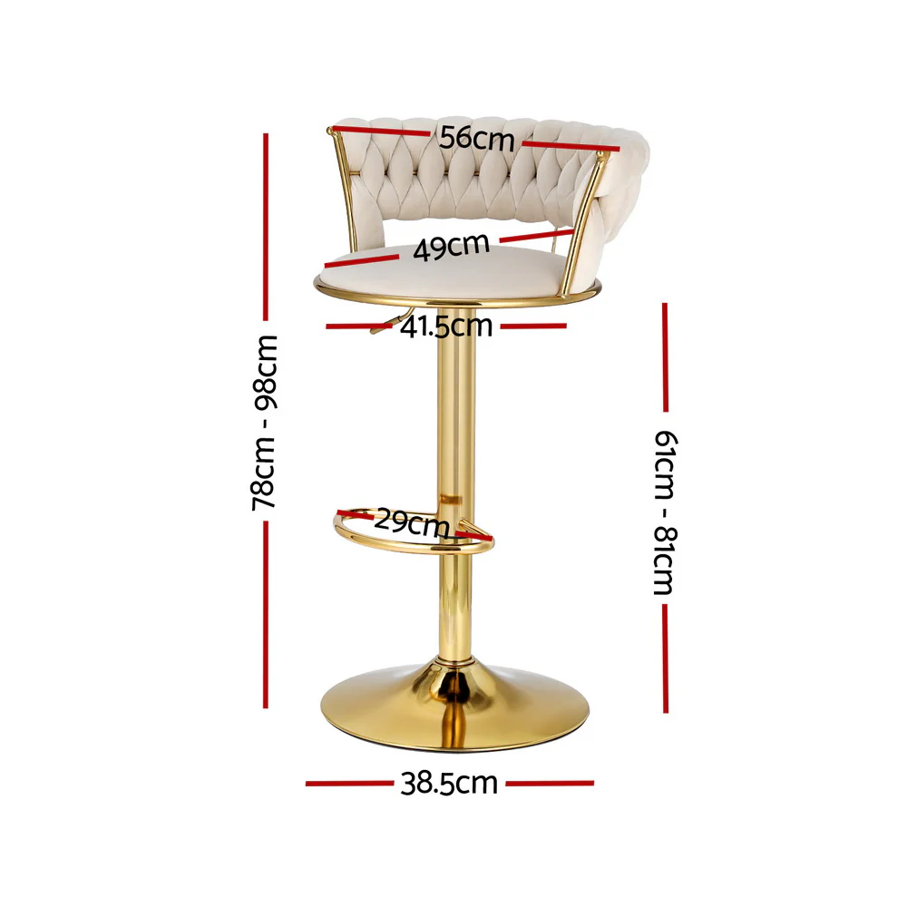 Artiss 4x Bar Stools Gas Lift Velvet Woven Backrest Ivory - Image 3