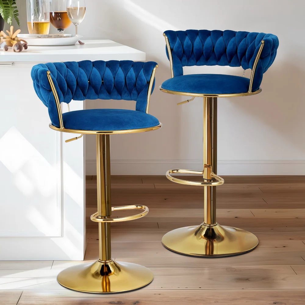 Artiss 4x Bar Stools Gas Lift Velvet Woven Backrest Navy - Image 2