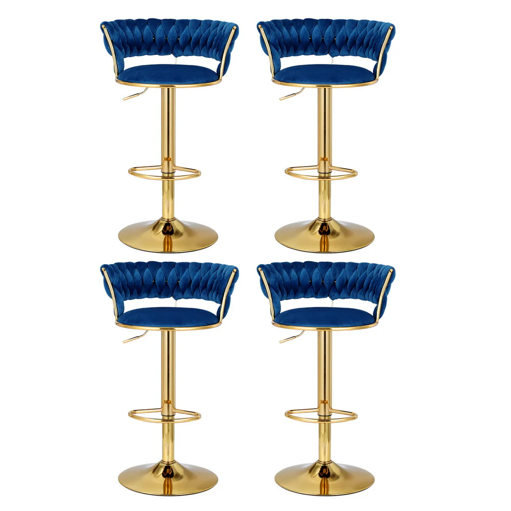 Artiss 4x Bar Stools Gas Lift Velvet Woven Backrest Navy - Image 4
