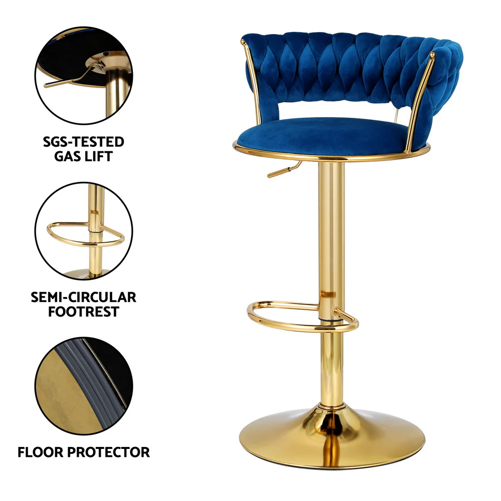 Artiss 4x Bar Stools Gas Lift Velvet Woven Backrest Navy - Image 6