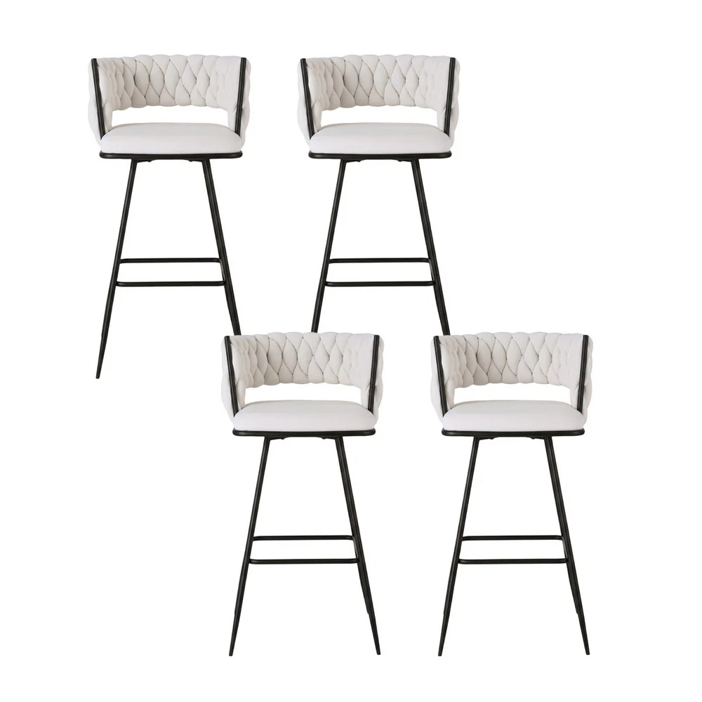 Artiss 4x Bar Stools Kitchen Dining Chair Counter Stool Woven Velvet Metal Ivory - Image 3