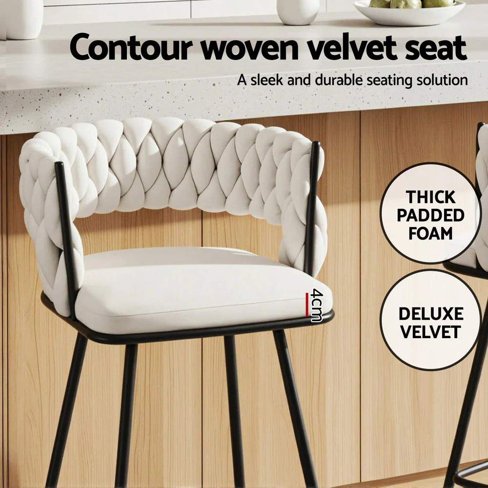 Artiss 4x Bar Stools Kitchen Dining Chair Counter Stool Woven Velvet Metal Ivory - Image 5