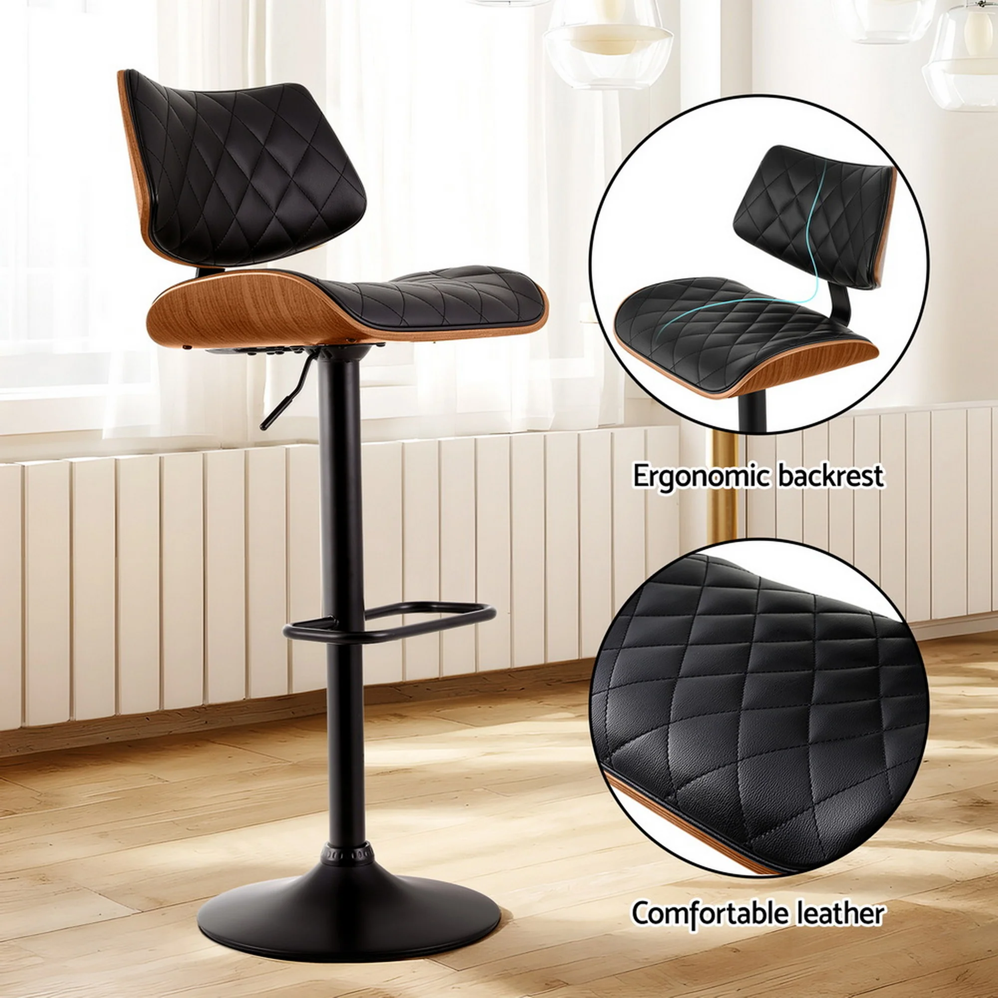 Artiss 4x Bar Stools Kitchen Dining Chairs Gas Lift Stool Wooden Leather Black - Image 6