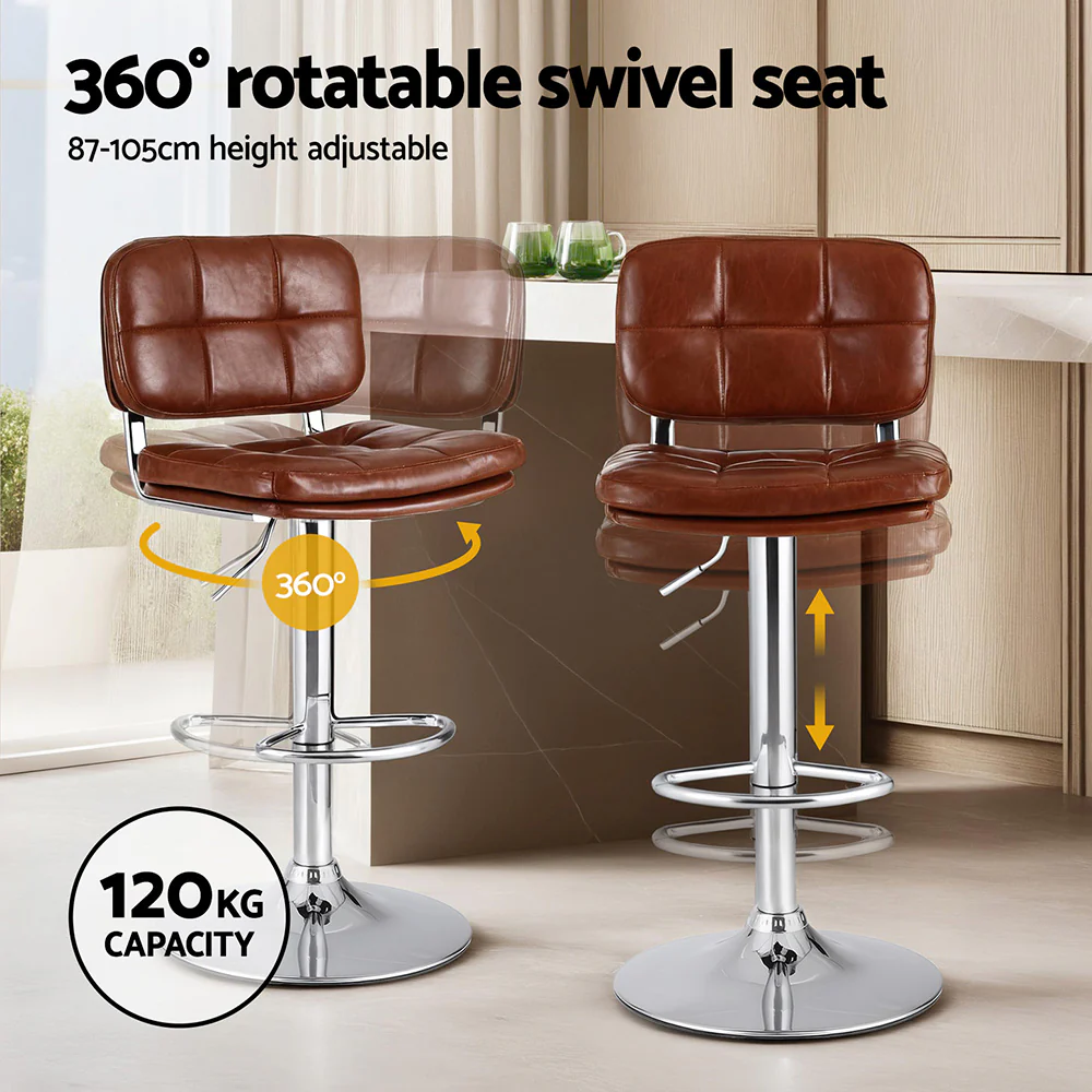 Artiss 4x Bar Stools Kitchen Swivel Gas Lift Counter Chair Tuft PU Leather Brown - Image 4