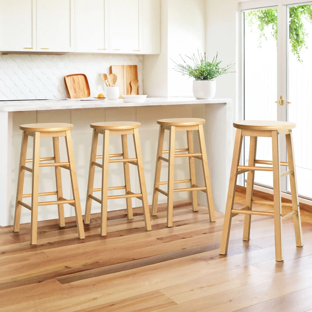Artiss 4x Bar Stools Round Chairs Wooden Nature - Image 2