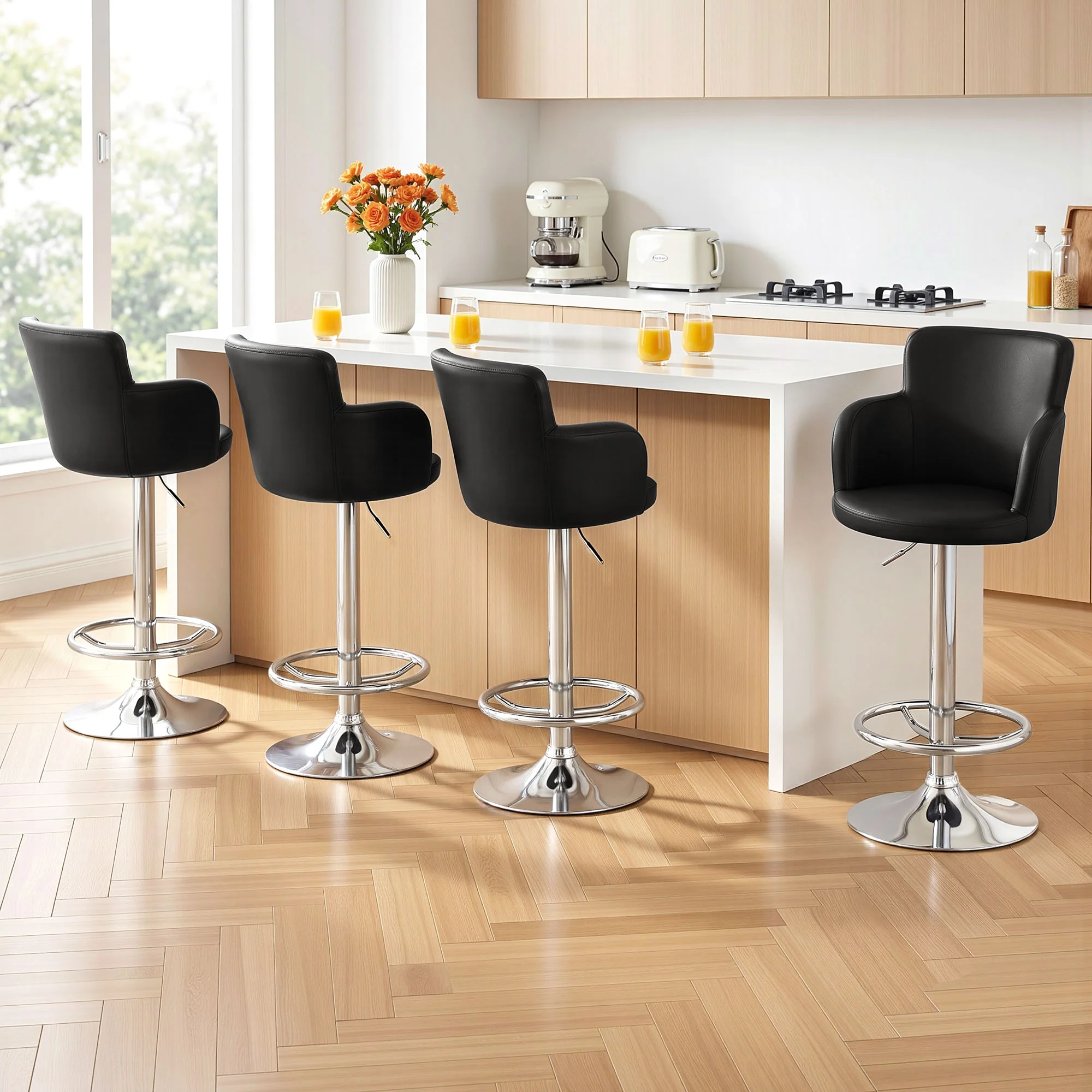 Artiss 4x Bar Stools Swivel Kitchen Chairs Gas Lift Adjustable PU Leather Black