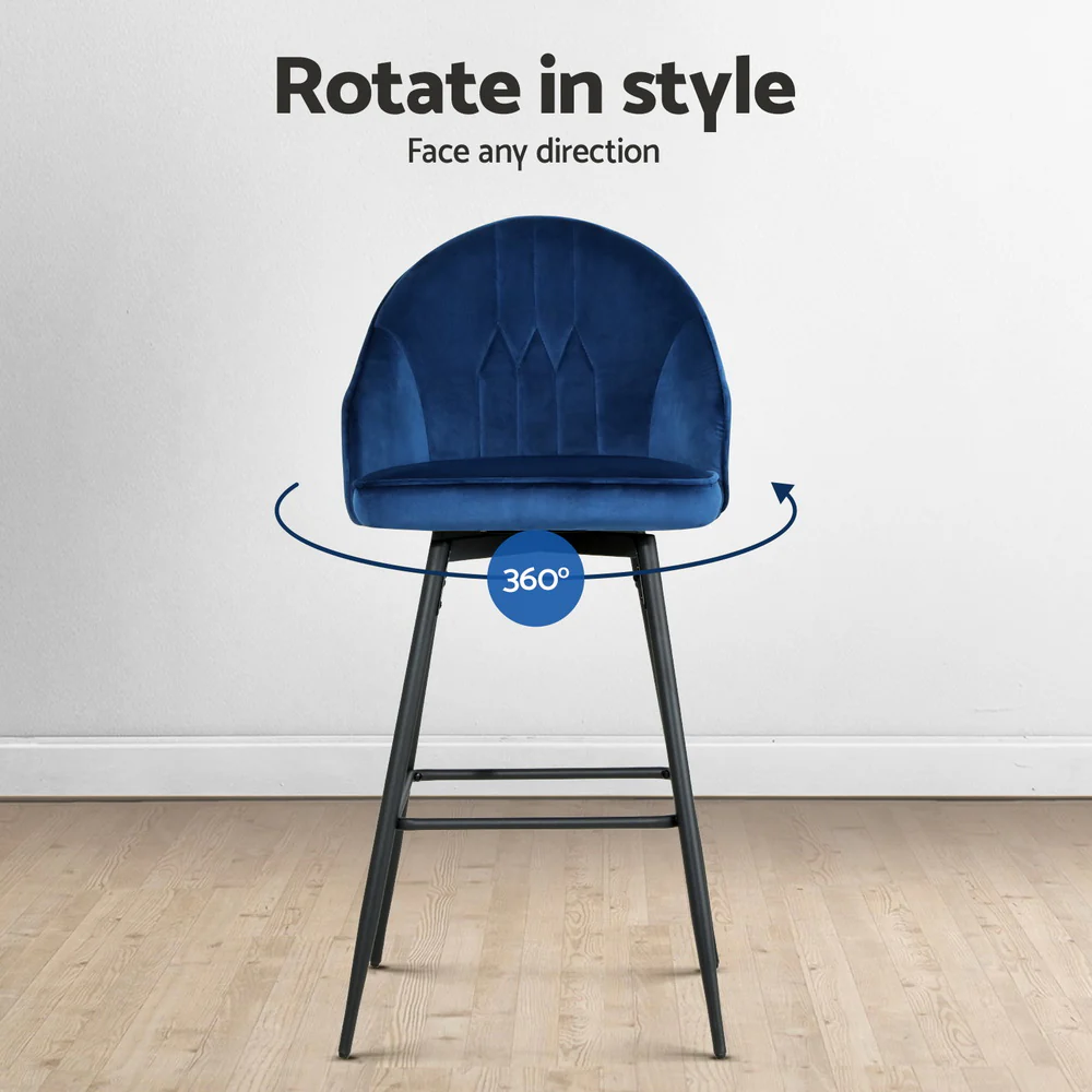 Artiss 4x Bar Stools Velvet Swivel Metal Legs Blue - Image 4