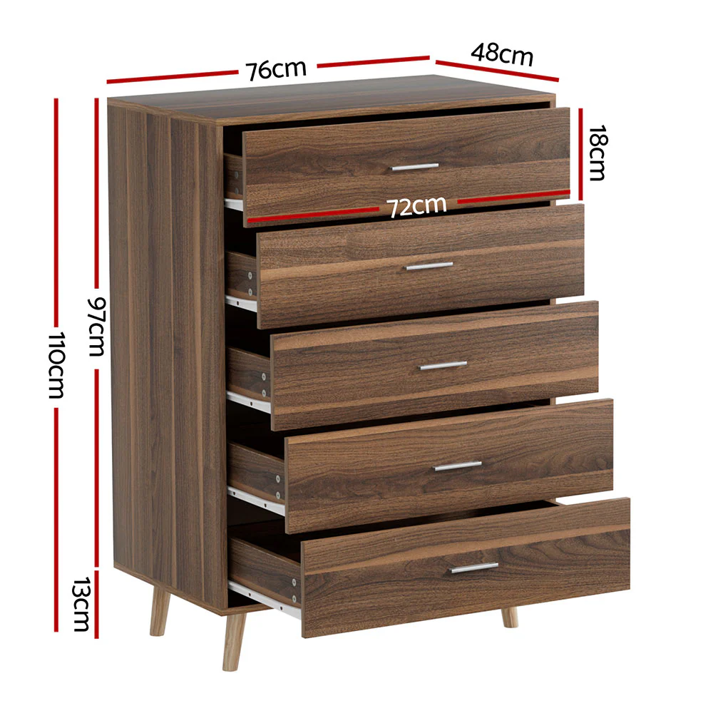 Artiss 5 Chest of Drawers - MIRI Walnut - Image 2