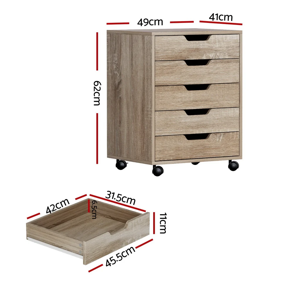 Artiss 5-Drawer Filing Cabinet Mobile Rolling Storage Cabinet Chest of Drawers Stand Scratch Beige - Image 3