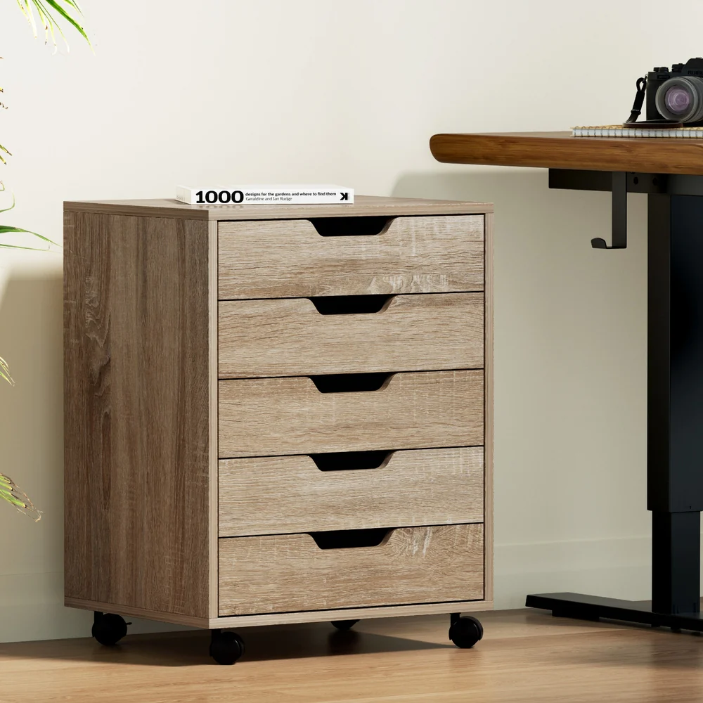 Artiss 5-Drawer Filing Cabinet Mobile Rolling Storage Cabinet Chest of Drawers Stand Scratch Beige - Image 8