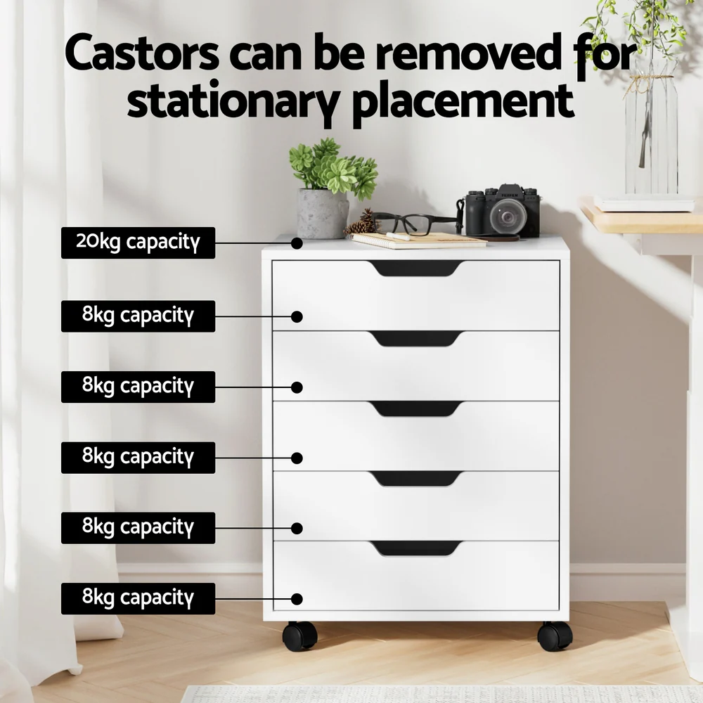 Artiss 5-Drawer Filing Cabinet Mobile Rolling Storage Cabinet Chest of Drawers Stand White - Image 7