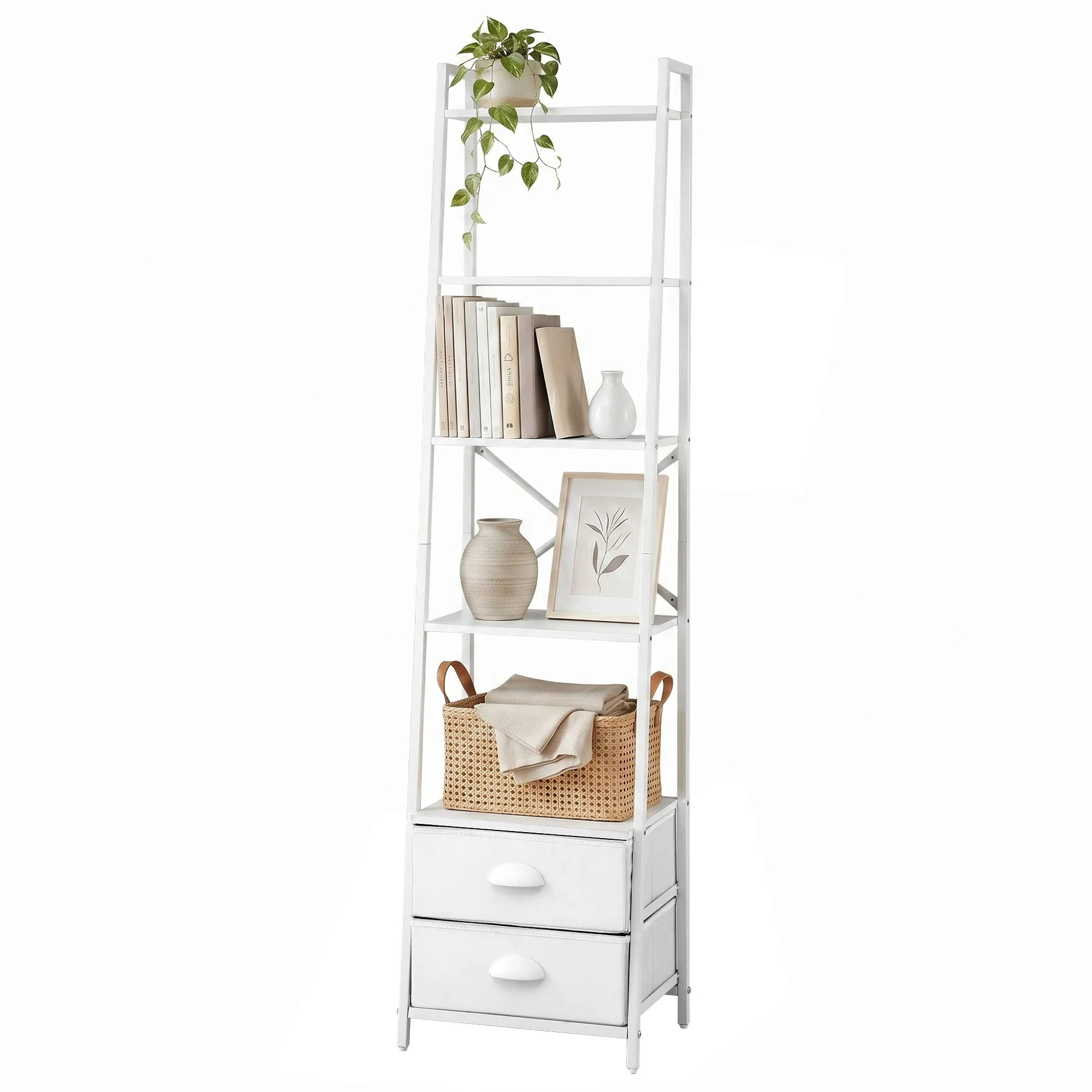 Artiss 5 Tier Bookshelf Ladder Bookcase with Fabric Drawers Display Rack White - Image 2