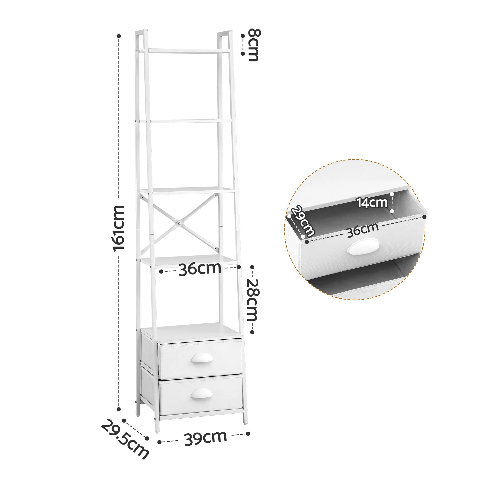 Artiss 5 Tier Bookshelf Ladder Bookcase with Fabric Drawers Display Rack White - Image 3