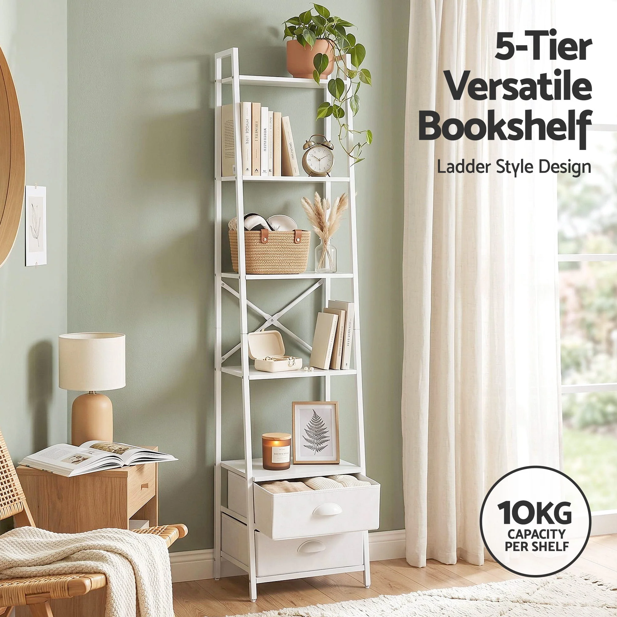 Artiss 5 Tier Bookshelf Ladder Bookcase with Fabric Drawers Display Rack White - Image 5