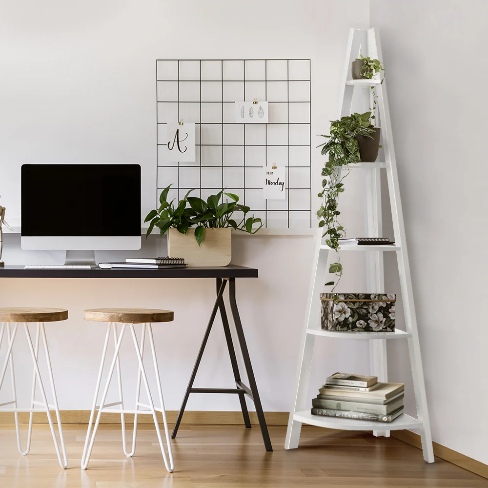 Artiss Bookshelf Corner Shelf 5 Tiers - CANE White - Image 3
