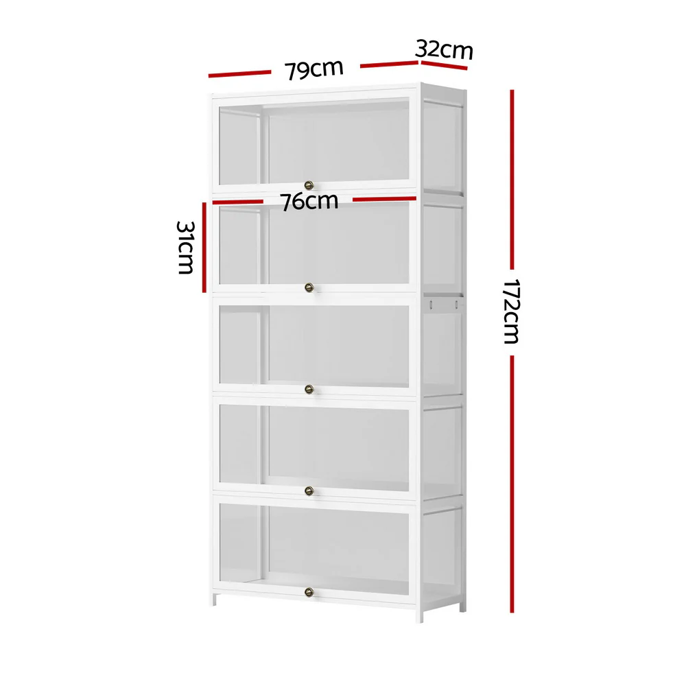 Artiss 5-Tier Display Cabinet Storage Bookshelf Clear Shelf White - Image 2