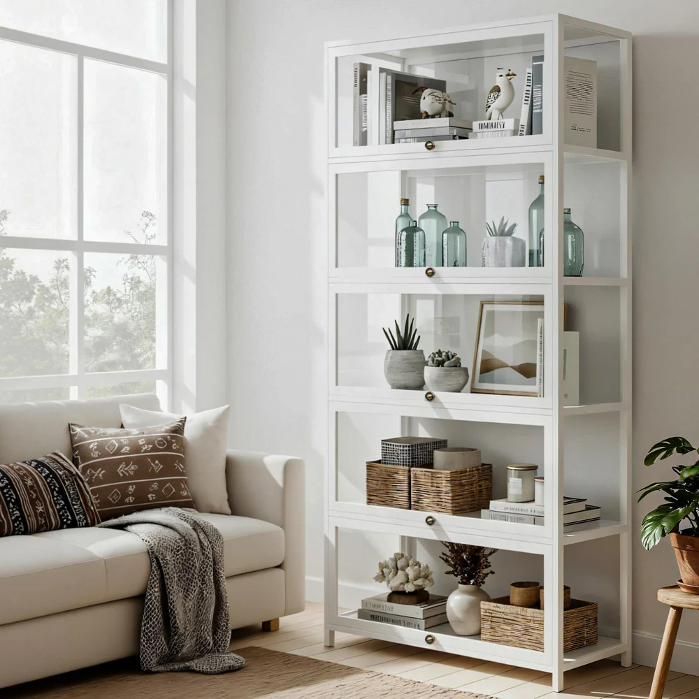 Artiss 5-Tier Display Cabinet Storage Bookshelf Clear Shelf White - Image 7