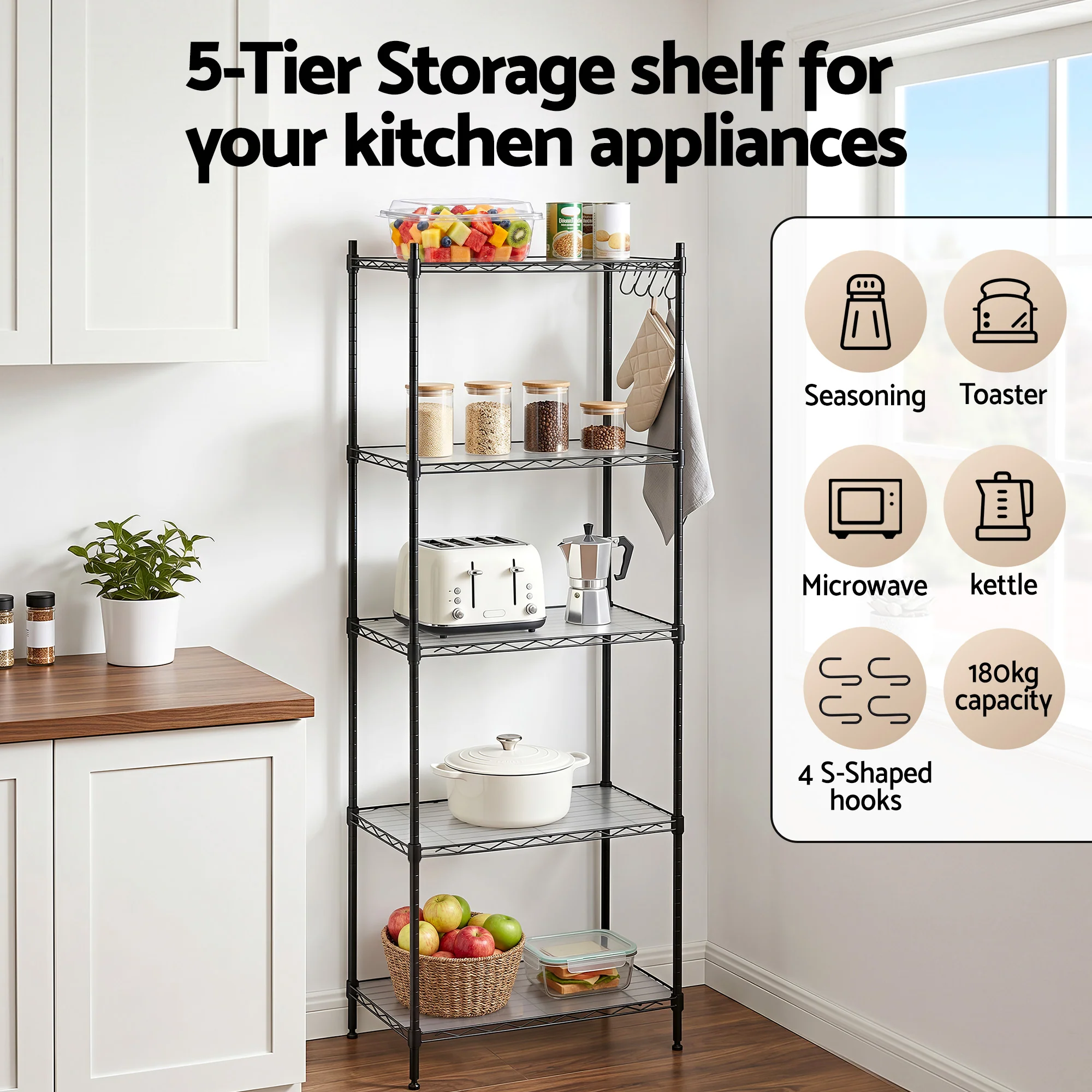 Artiss 5-Tier Kitchen Rack Shelf Shelving Unit 55x30x150CM Adjustable Metal Storage Shelves Black - Image 5