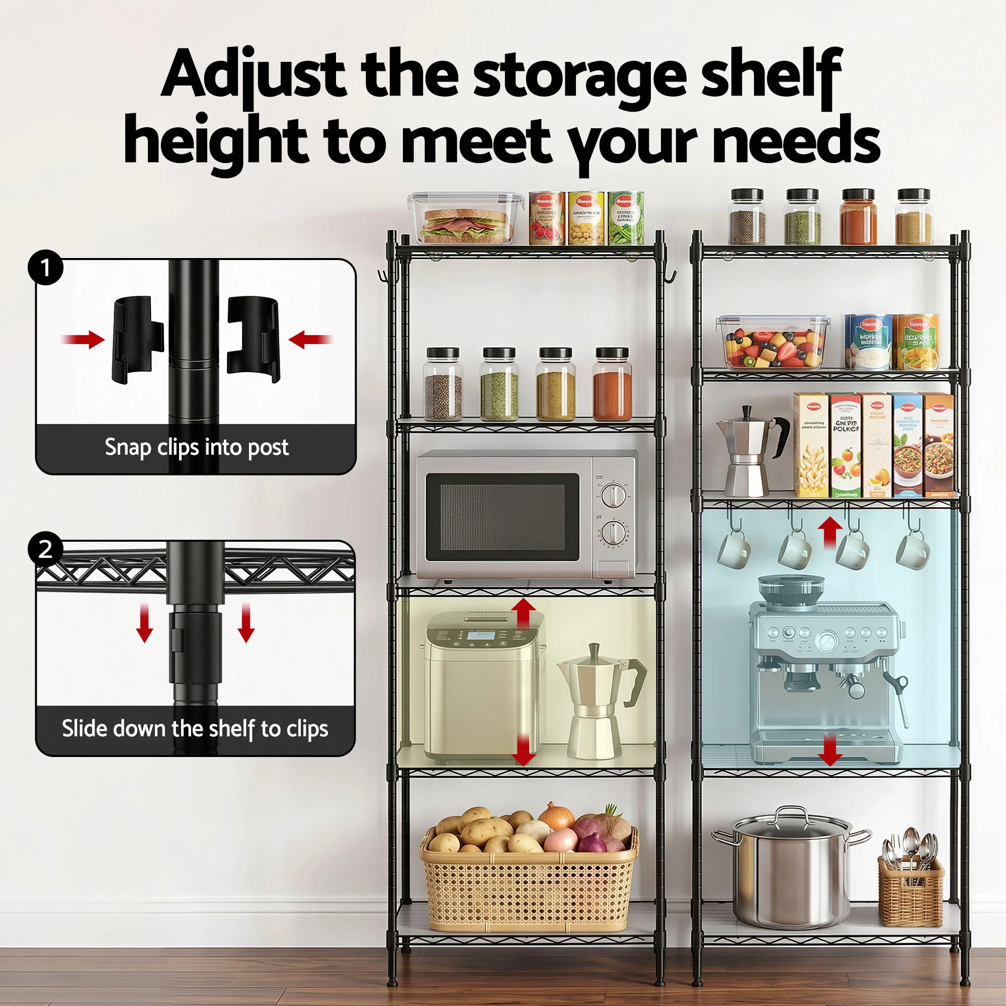 Artiss 5-Tier Kitchen Rack Shelf Shelving Unit 55x30x150CM Adjustable Metal Storage Shelves Black - Image 6