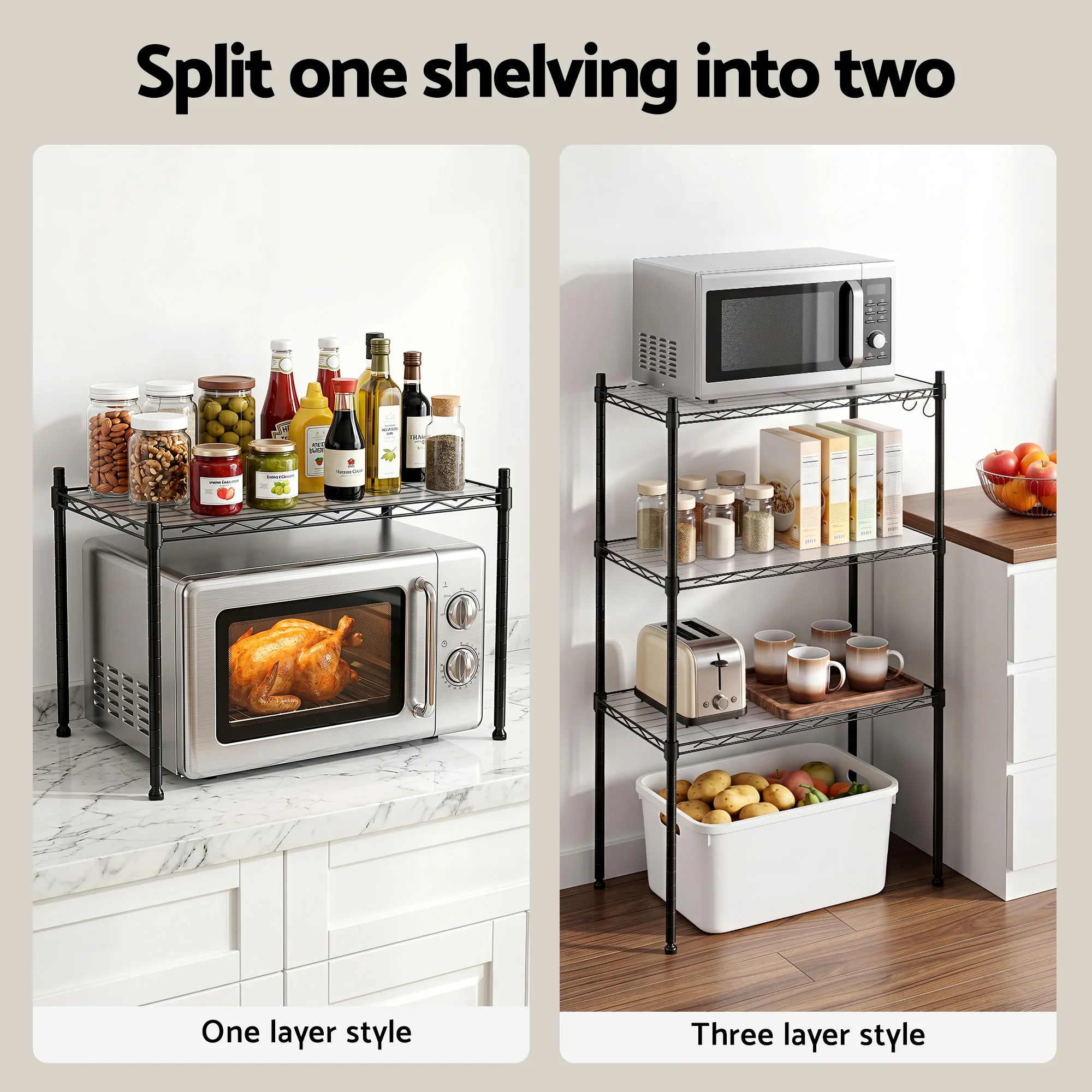 Artiss 5-Tier Kitchen Rack Shelf Shelving Unit 55x30x150CM Adjustable Metal Storage Shelves Black - Image 7