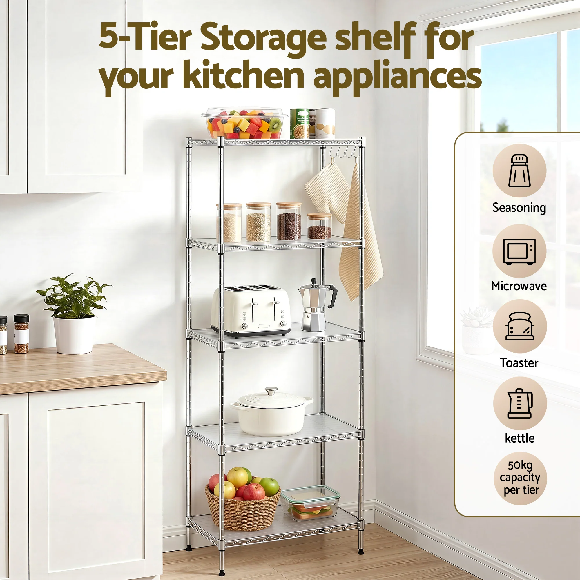 Artiss 5-Tier Kitchen Rack Shelf Shelving Unit 60x35x150CM Adjustable Metal Storage Shelves Silver - Image 5