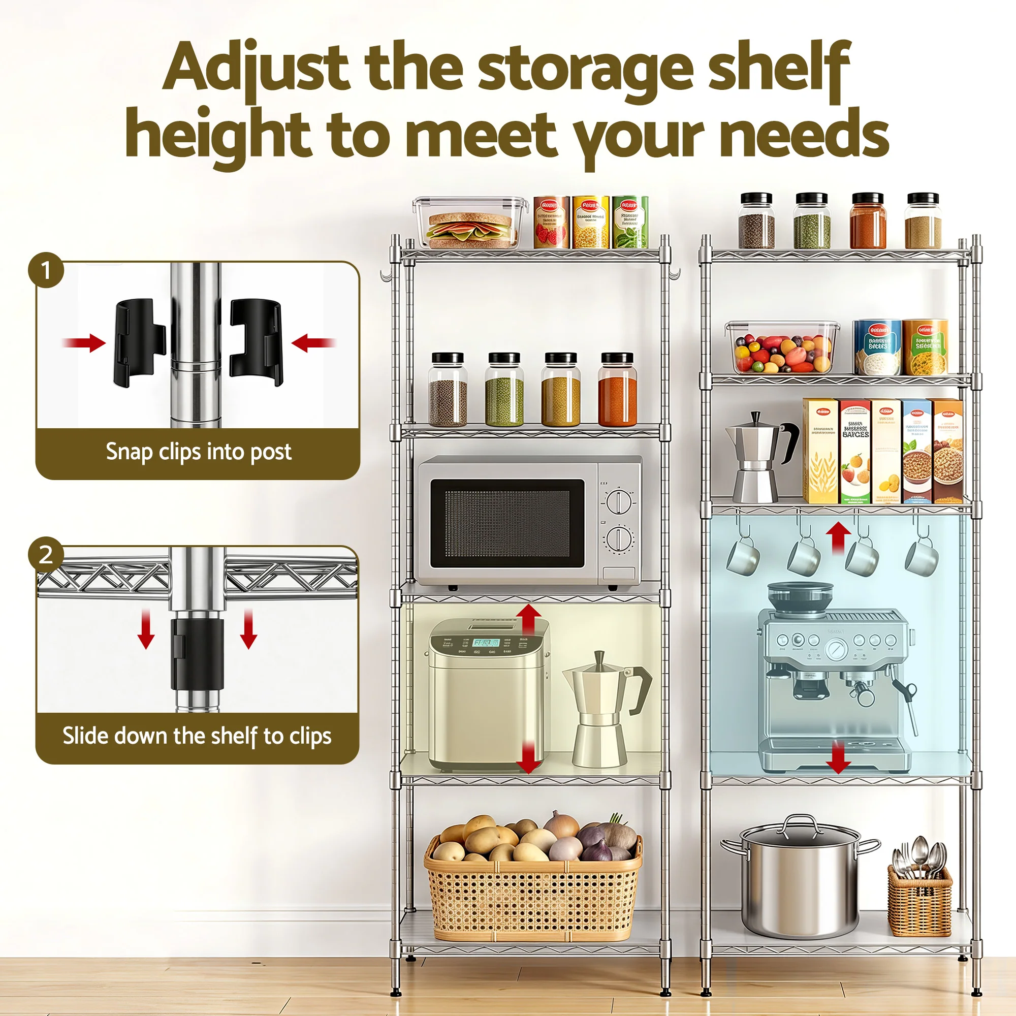 Artiss 5-Tier Kitchen Rack Shelf Shelving Unit 60x35x150CM Adjustable Metal Storage Shelves Silver - Image 6