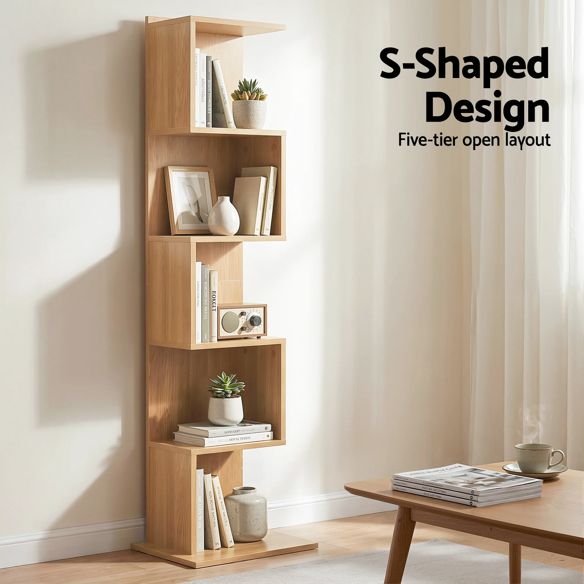 Artiss 5 Tiers Bookshelf S-shaped Bookcase Oak - Image 5