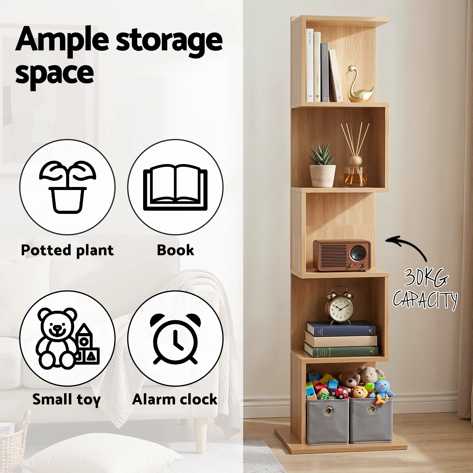 Artiss 5 Tiers Bookshelf S-shaped Bookcase Oak - Image 6