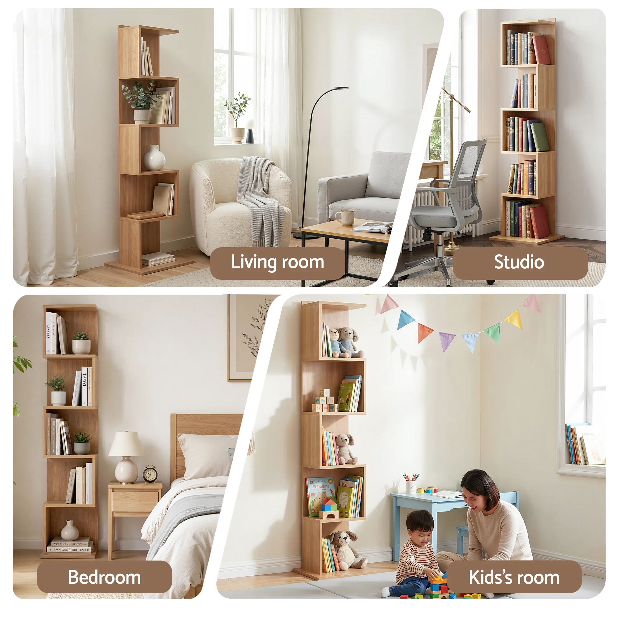 Artiss 5 Tiers Bookshelf S-shaped Bookcase Oak - Image 7