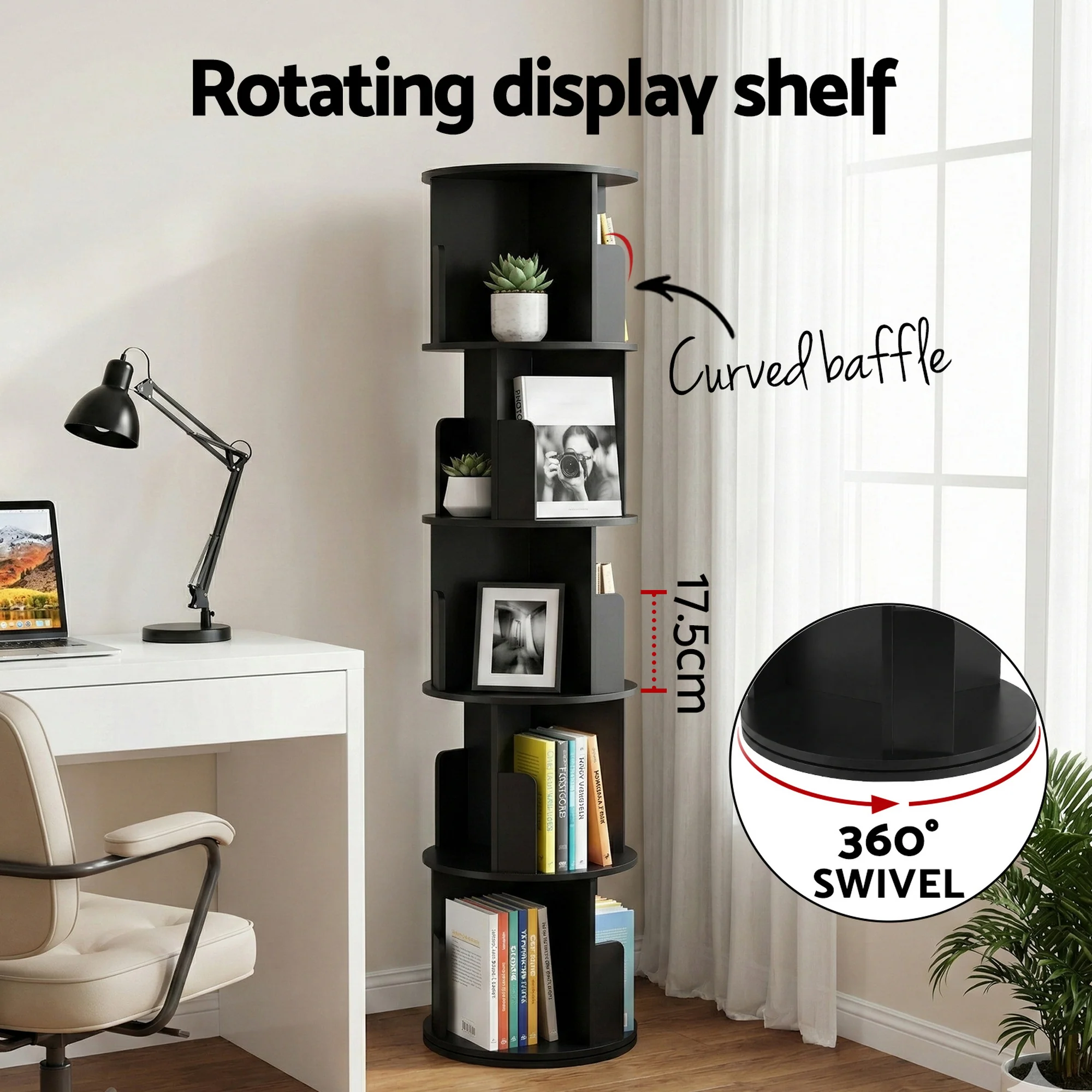 Artiss 5 Tiers Bookshelf Swivel Bookcase Display Shelves Stand Round Black - Image 4