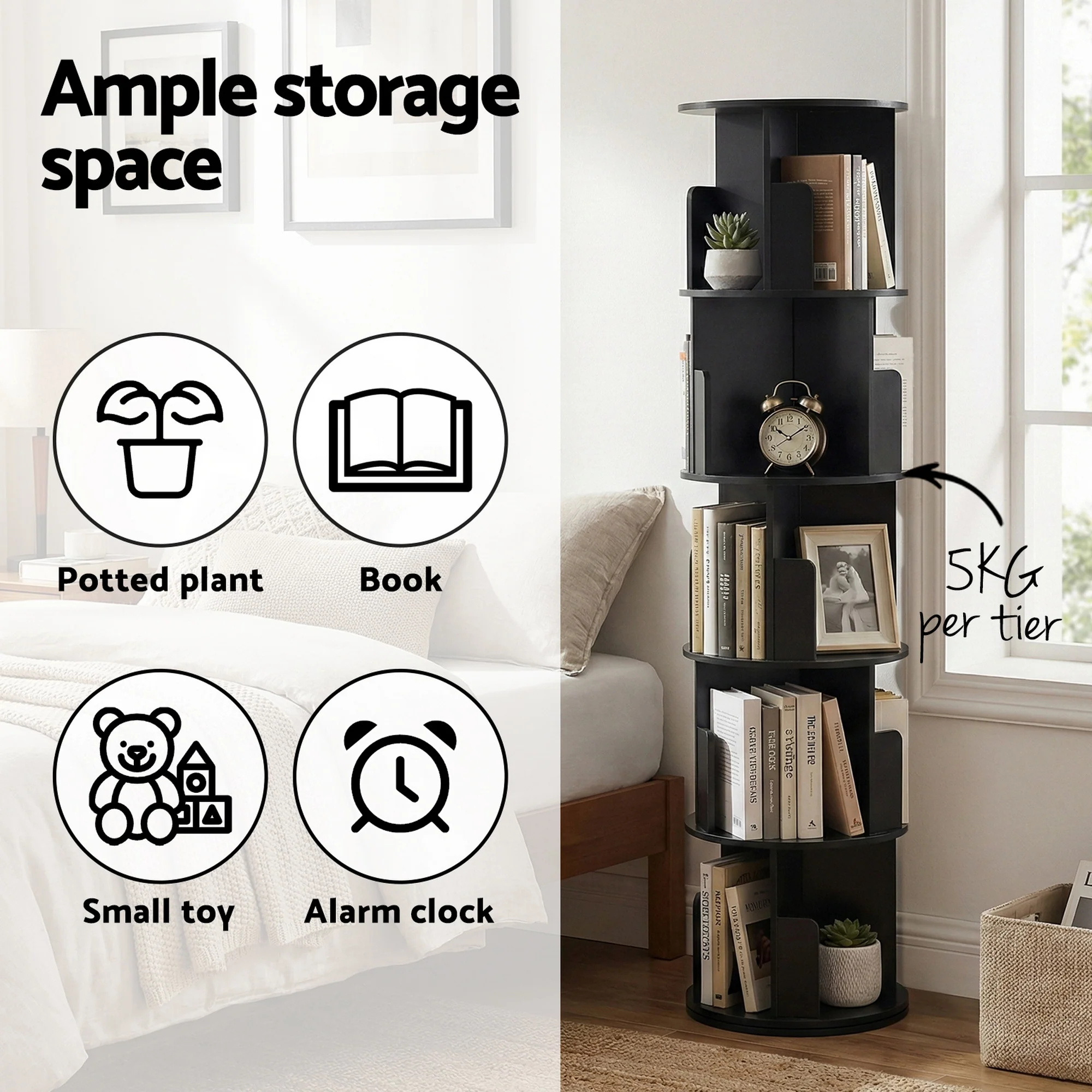 Artiss 5 Tiers Bookshelf Swivel Bookcase Display Shelves Stand Round Black - Image 5