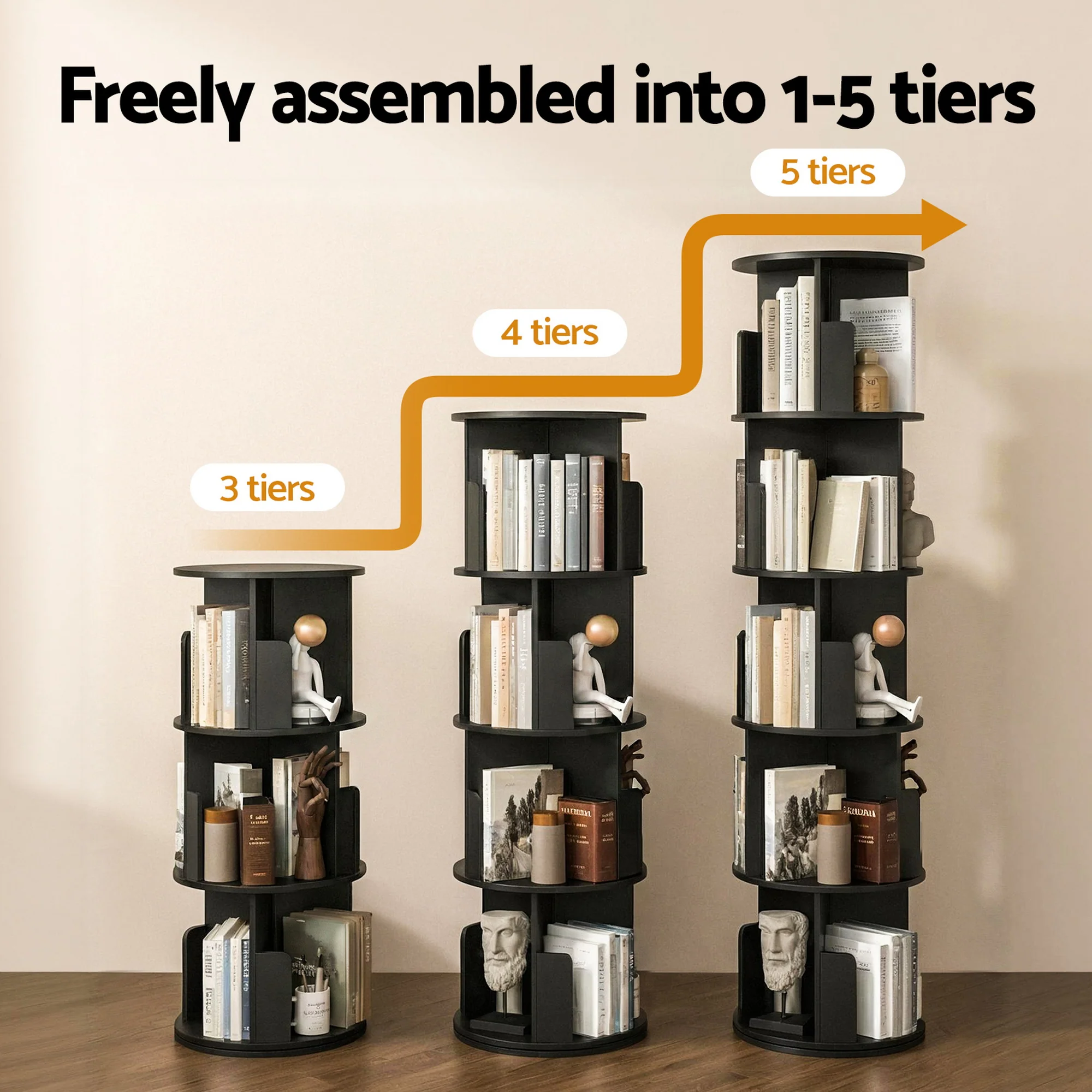 Artiss 5 Tiers Bookshelf Swivel Bookcase Display Shelves Stand Round Black - Image 6