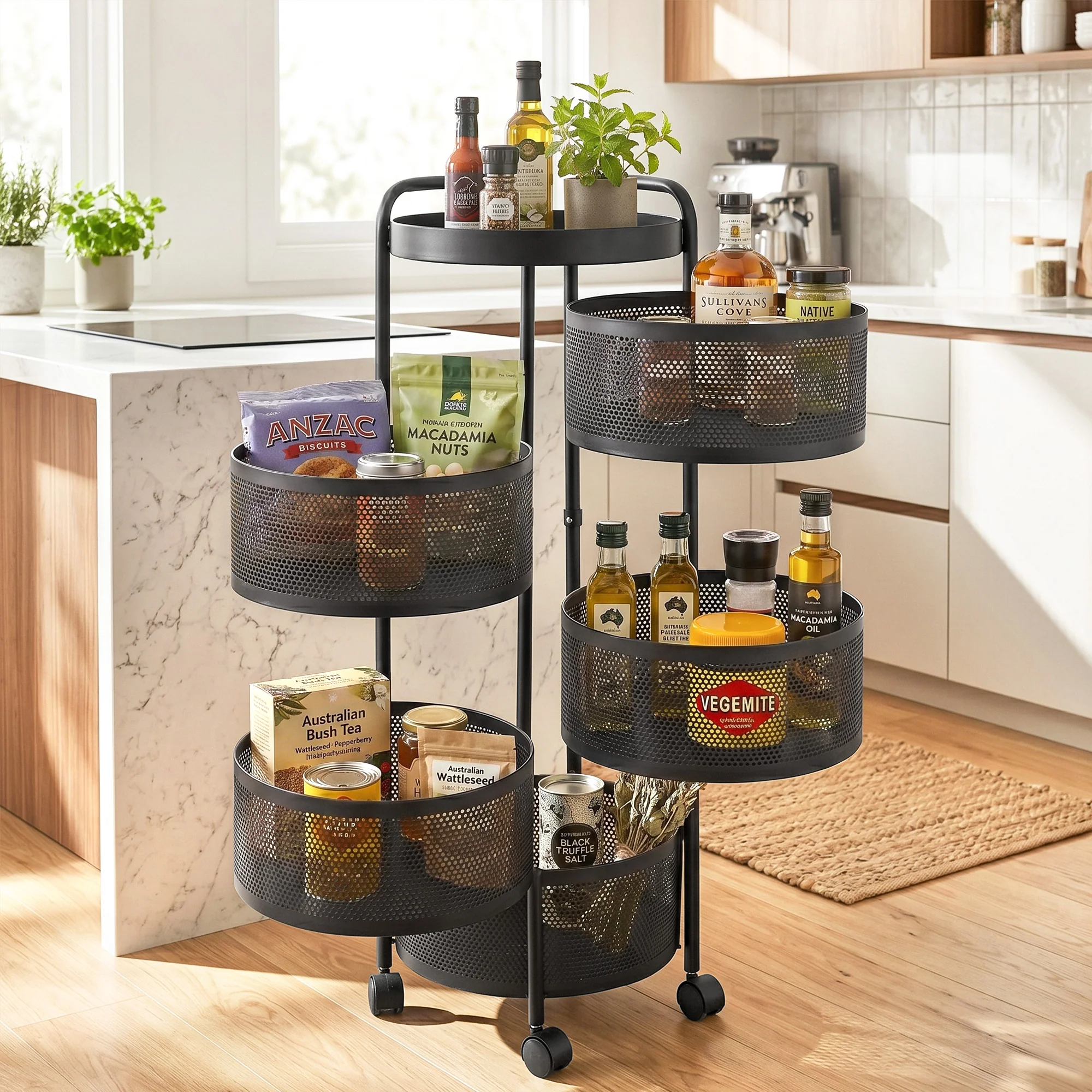 Artiss 5 Tiers Storage Trolley Storage Cart Round Basket Black