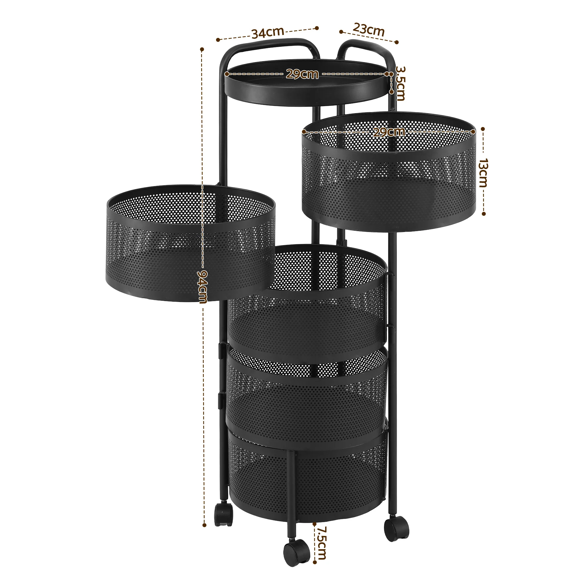 Artiss 5 Tiers Storage Trolley Storage Cart Round Basket Black - Image 3