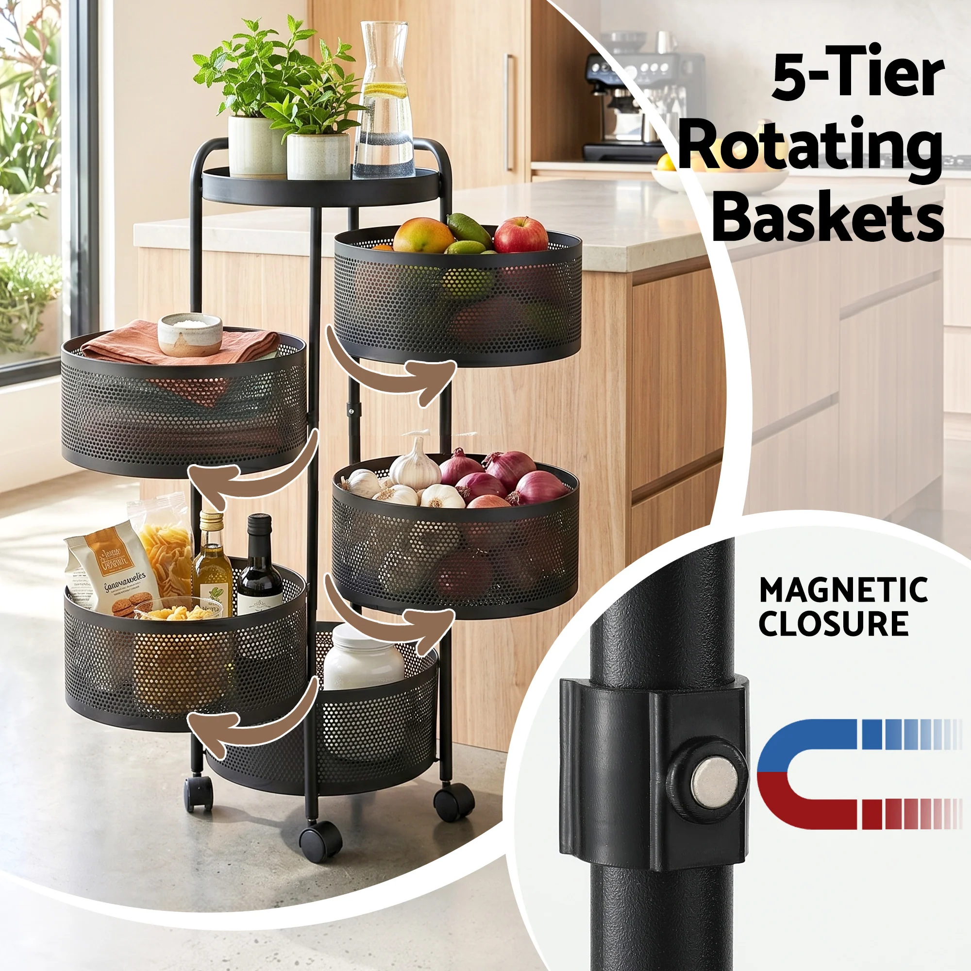 Artiss 5 Tiers Storage Trolley Storage Cart Round Basket Black - Image 5